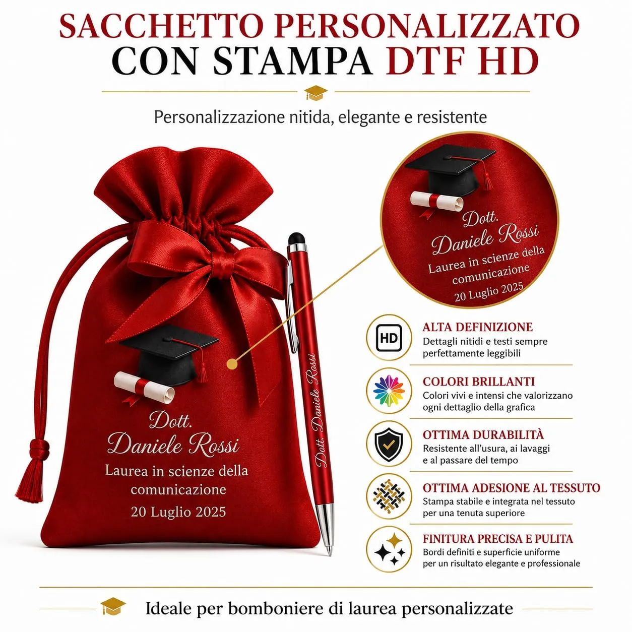 Cormar Kit Bomboniere Laurea Personalizzate, Rosso, 12 Sacchetti in Raso con 12 Penne Personalizzate, Nome, Facoltà e Data (STILE 3) - immagine 7