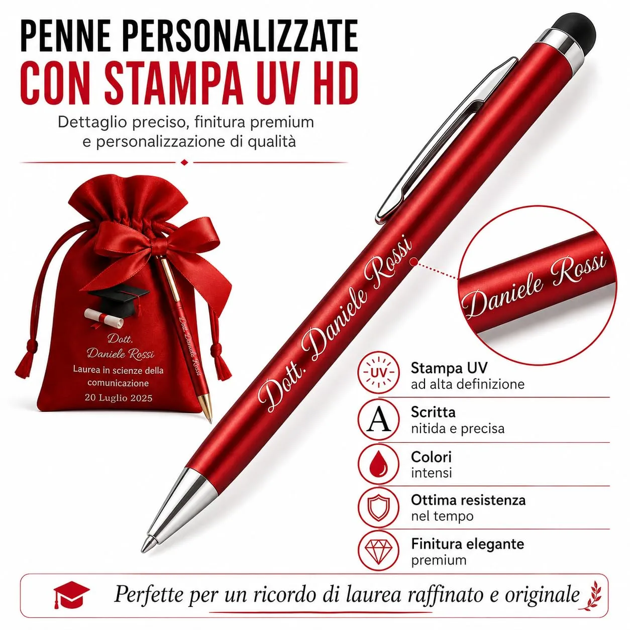 Cormar Kit Bomboniere Laurea Personalizzate, Rosso, 12 Sacchetti in Raso con 12 Penne Personalizzate, Nome, Facoltà e Data (STILE 3) - immagine 8