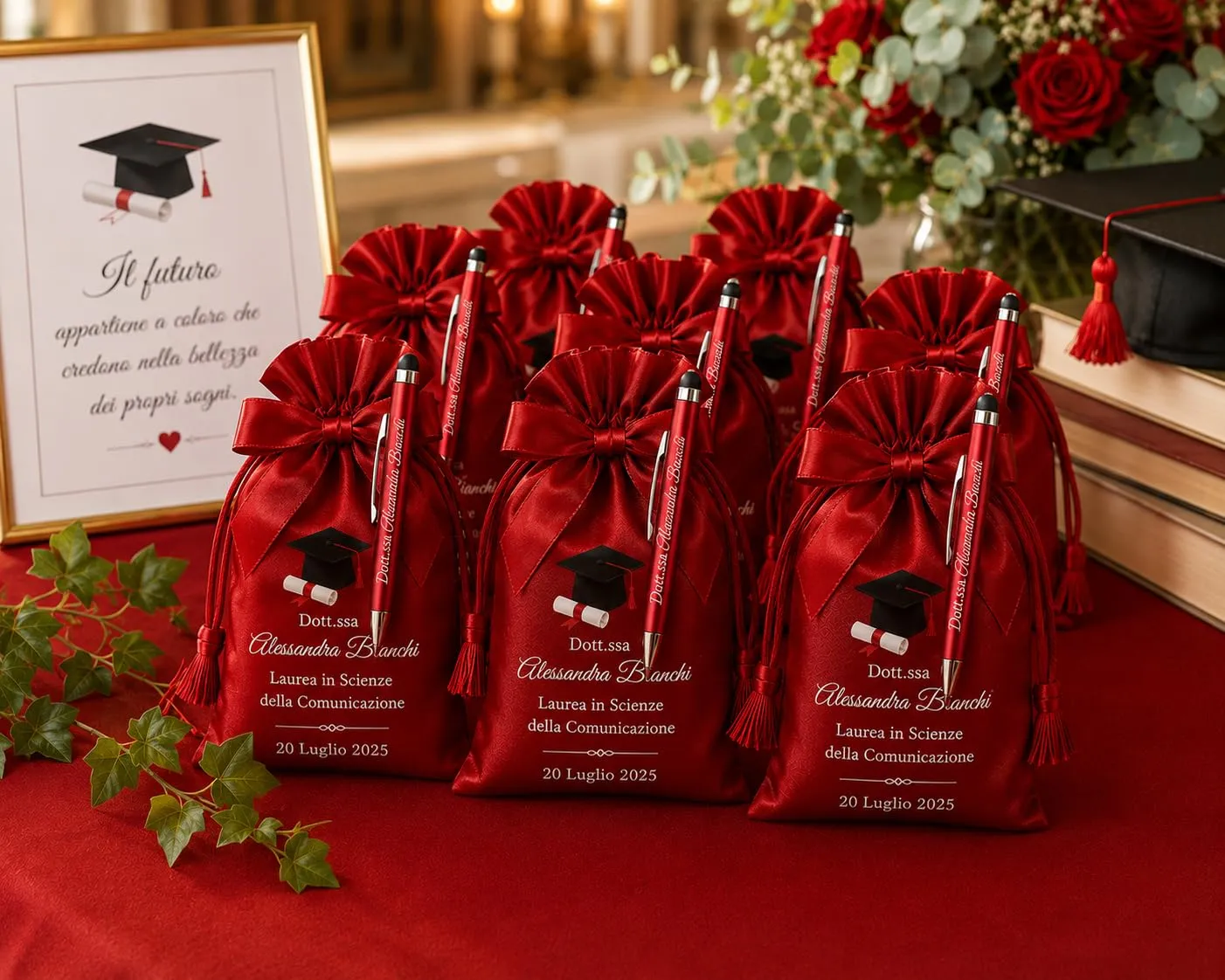 Cormar Kit Bomboniere Laurea Personalizzate, Rosso, 12 Sacchetti in Raso con 12 Penne Personalizzate, Nome, Facoltà e Data (STILE 3) - immagine 9