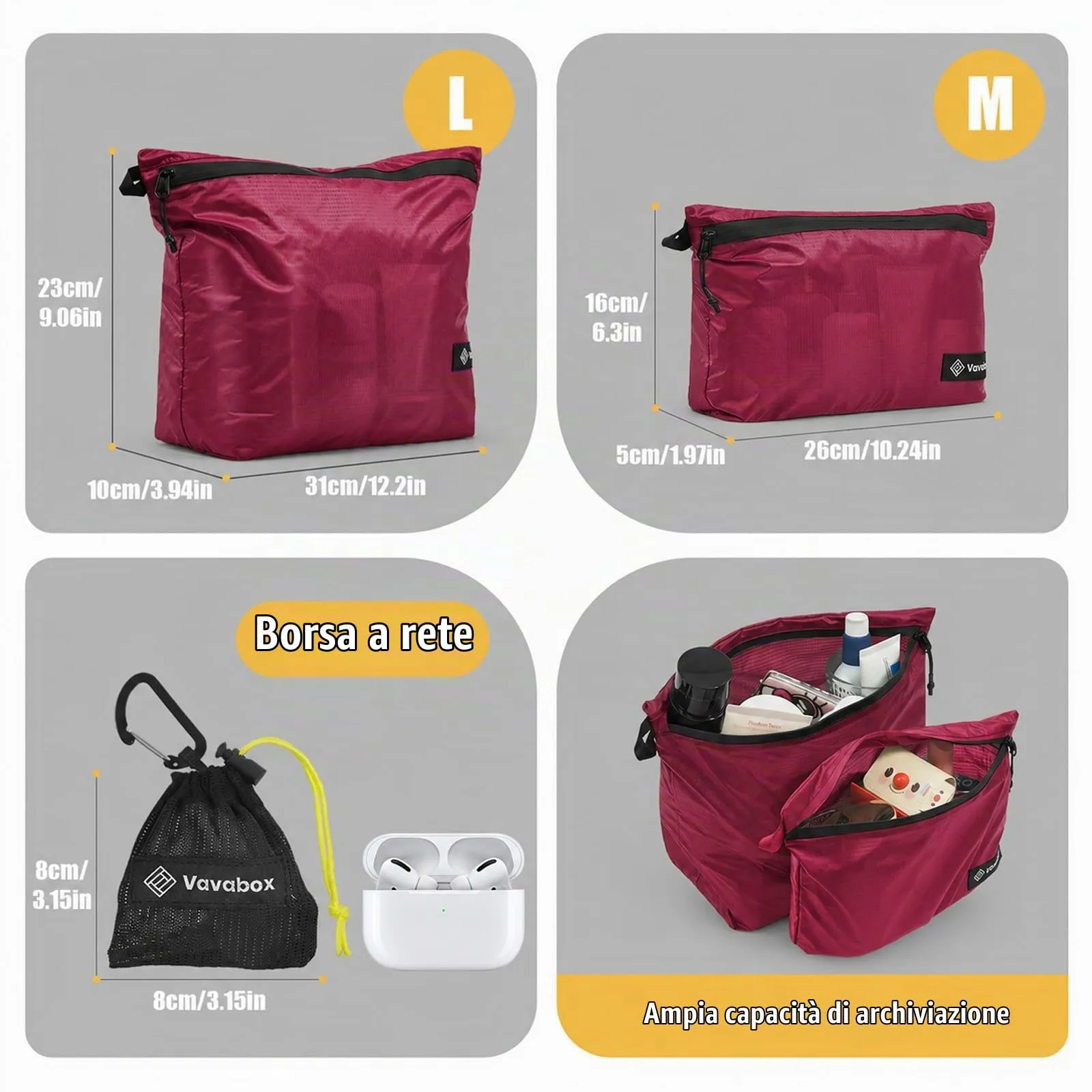 Vavabox Set borse da toeletta impermeabili nylon grandi con gancio, borsa unisex per sport, campeggio e viaggi professionali - immagine 4
