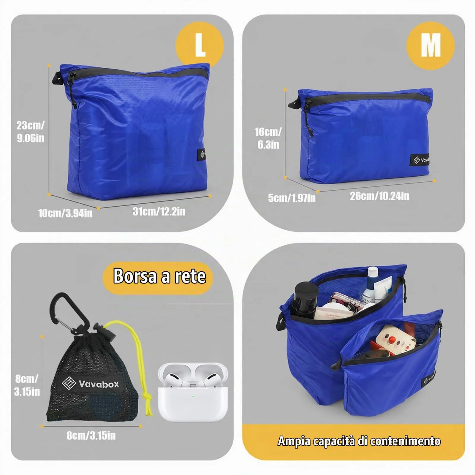 Vavabox Set borse da toeletta impermeabili nylon grandi con gancio, borsa unisex per sport, campeggio e viaggi professionali - immagine 4