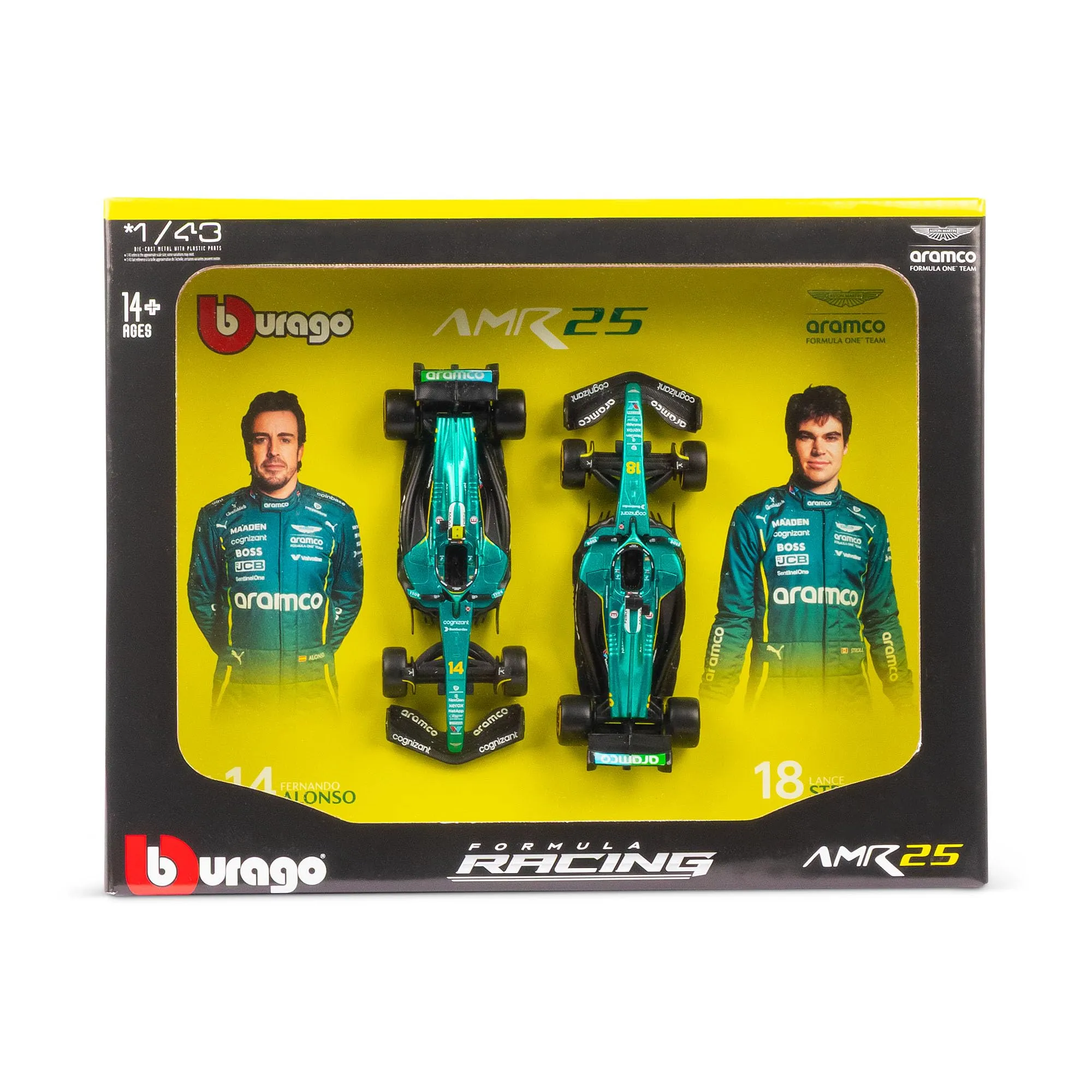 Bburago Aston Martin AMR25 F1 2025, scala 1:43, Fernando Alonso & Lance Stroll Team, set da collezione con licenza ufficiale Aston Martin, set da collezione Formula 1 2025 - immagine 1