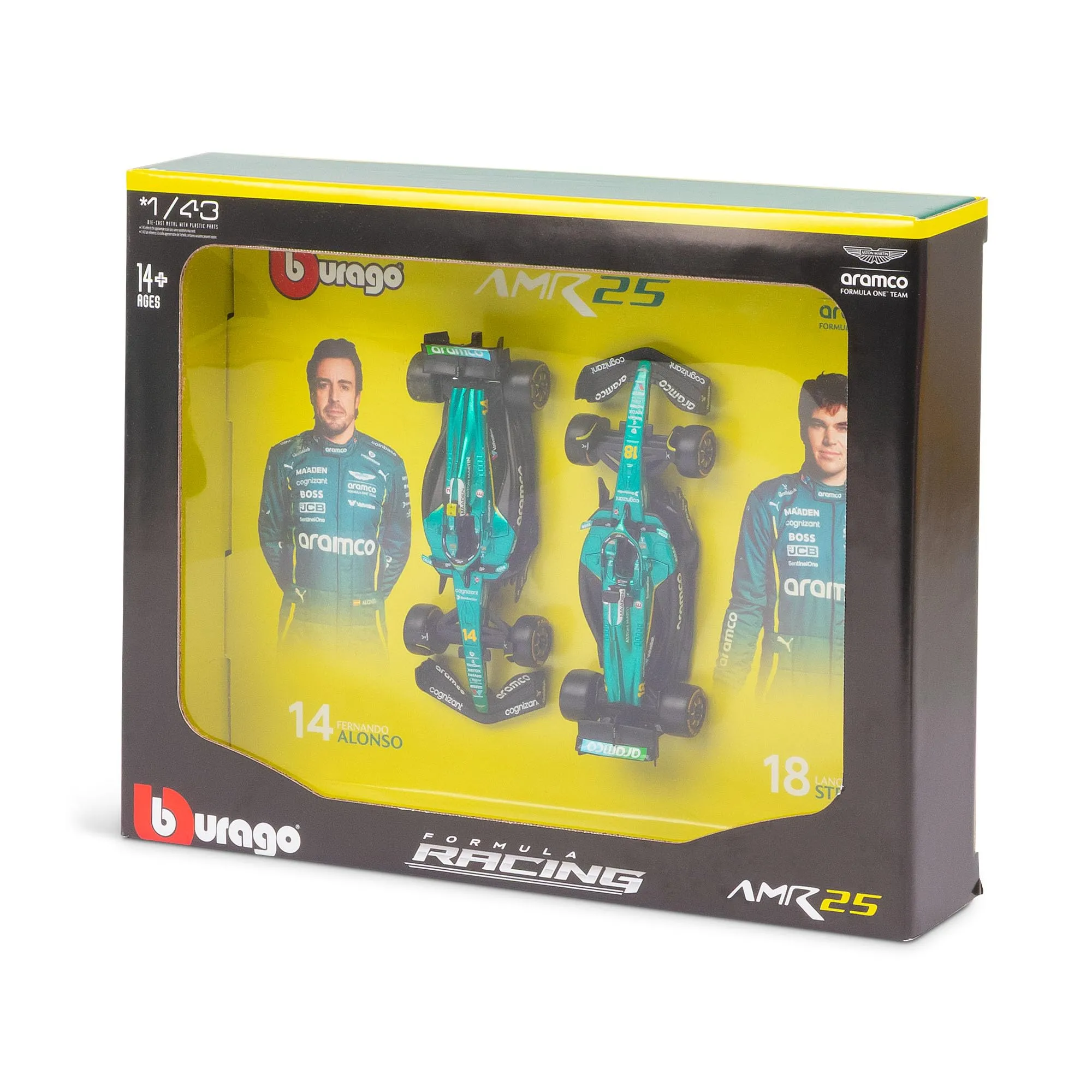 Bburago Aston Martin AMR25 F1 2025, scala 1:43, Fernando Alonso & Lance Stroll Team, set da collezione con licenza ufficiale Aston Martin, set da collezione Formula 1 2025 - immagine 2