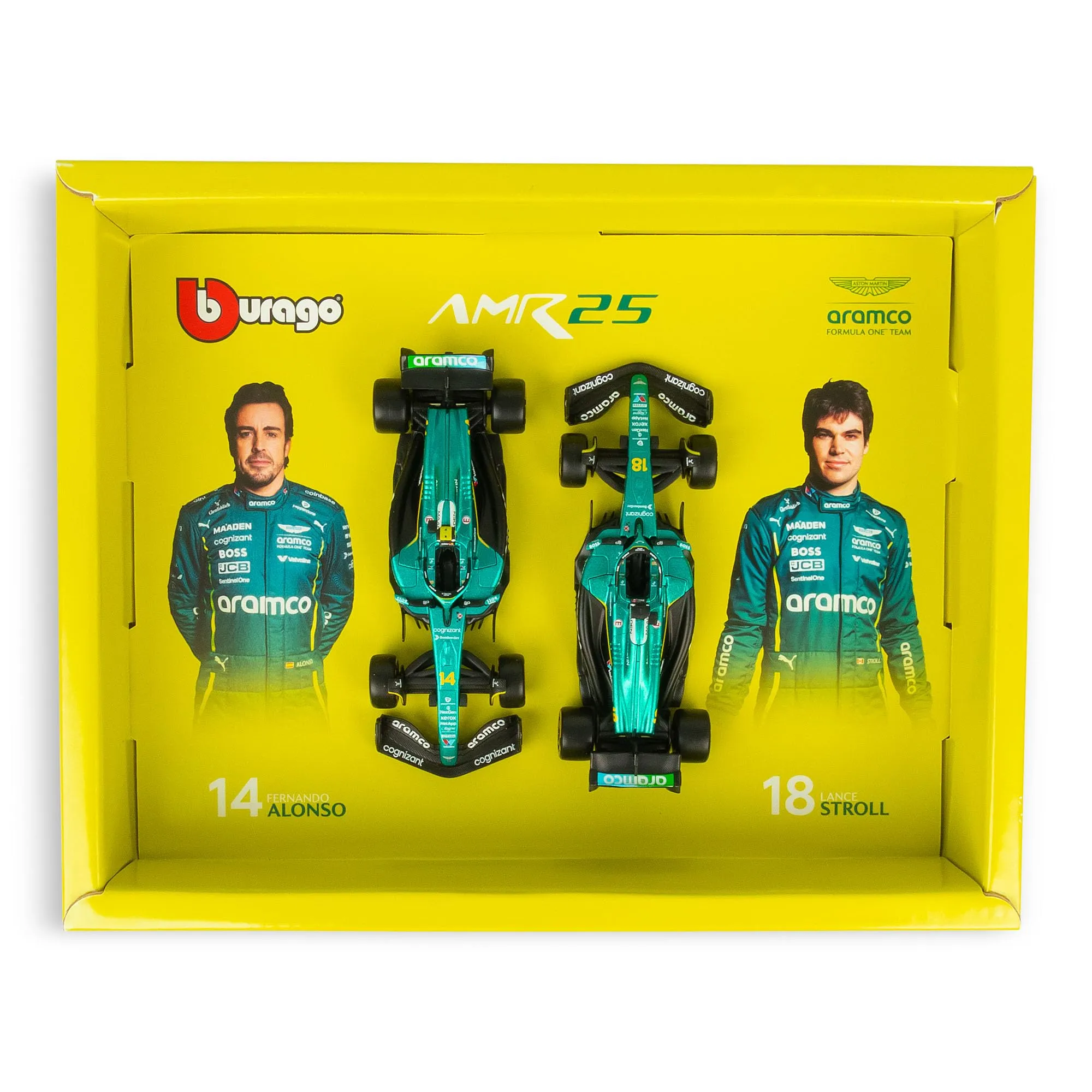 Bburago Aston Martin AMR25 F1 2025, scala 1:43, Fernando Alonso & Lance Stroll Team, set da collezione con licenza ufficiale Aston Martin, set da collezione Formula 1 2025 - immagine 5