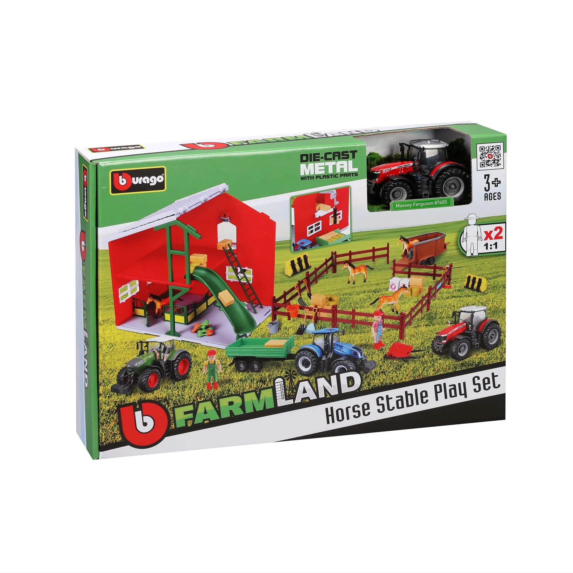 Bburago Set da gioco in scala 1:43 con trattore Massey Ferguson, veicolo da fattoria pressofuso, set di giocattoli per bambini, dai 3 anni in su - immagine 2