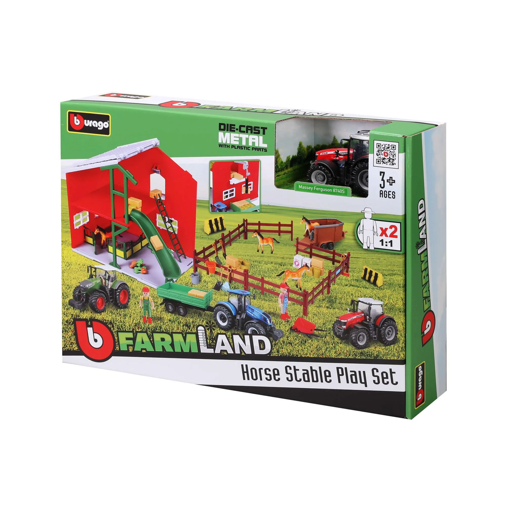 Bburago Set da gioco in scala 1:43 con trattore Massey Ferguson, veicolo da fattoria pressofuso, set di giocattoli per bambini, dai 3 anni in su - immagine 3