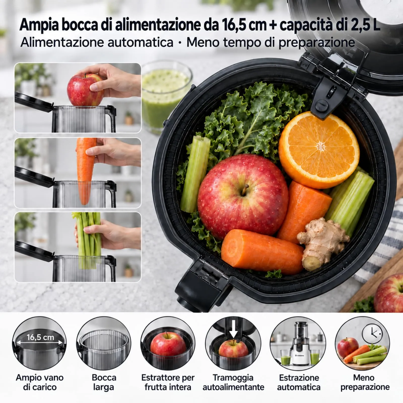 AAOBOSI Estrattore Frutta e Verdura, 165MM & 2,5L, Adatto a Frutta Intera - immagine 2