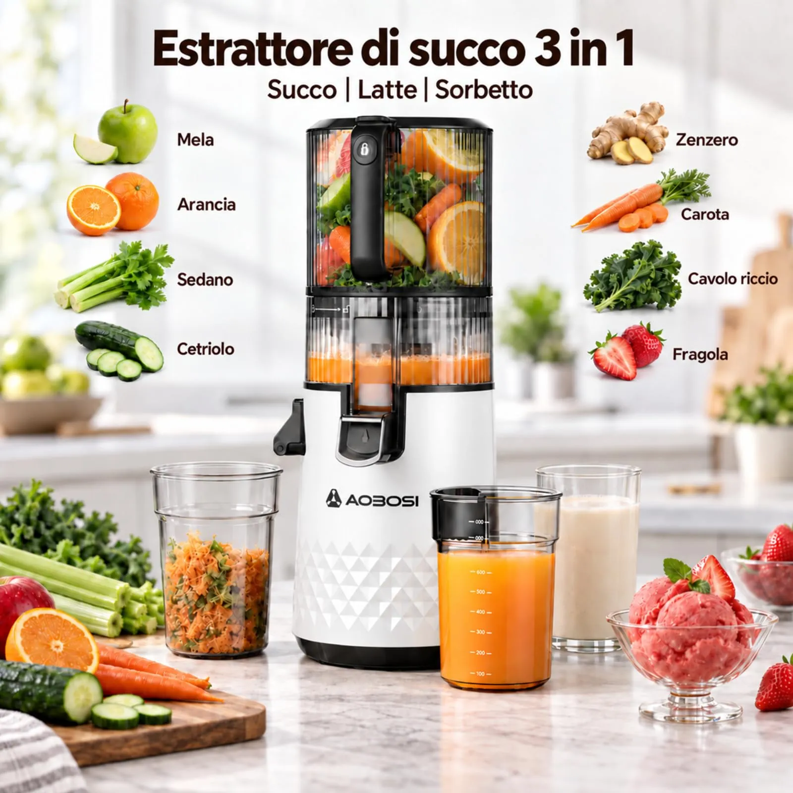AAOBOSI Estrattore Frutta e Verdura, 165MM & 2,5L, Adatto a Frutta Intera - immagine 3