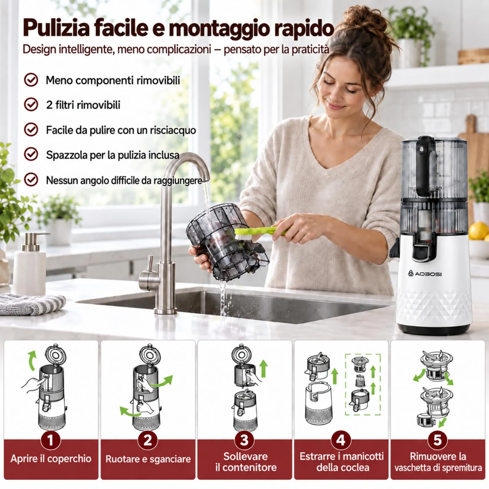 AAOBOSI Estrattore Frutta e Verdura, 165MM & 2,5L, Adatto a Frutta Intera - immagine 6