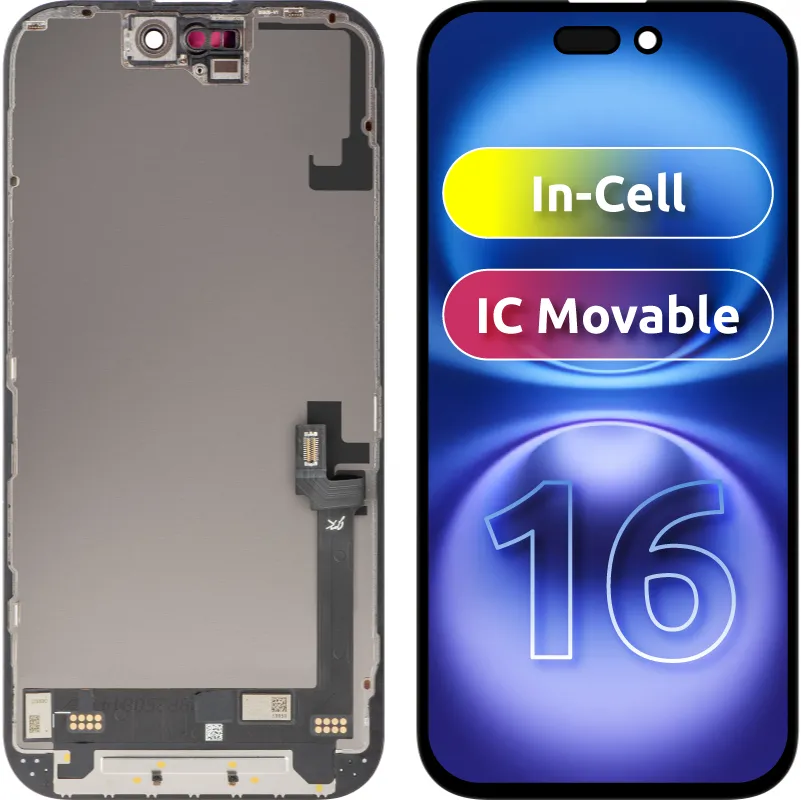 Display con Touchscreen JK per Apple iPhone 16, con Cornice, Versione LCD In-Cell IC Movable, Nero - immagine 1