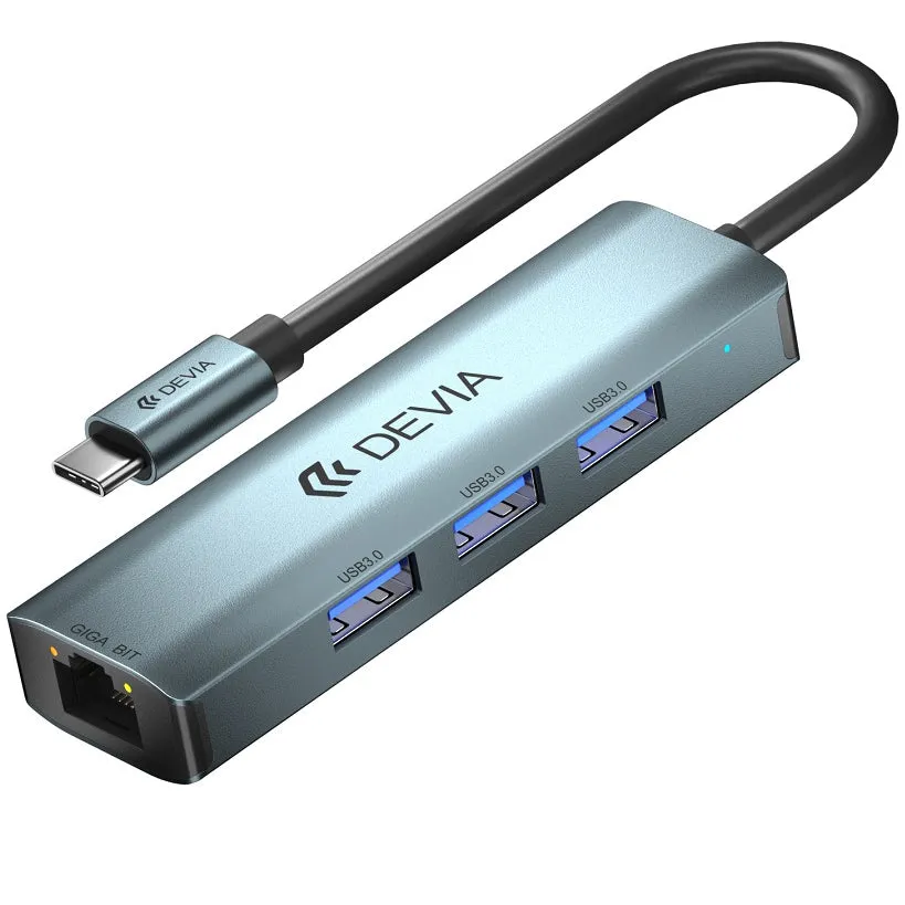 Hub USB-C DEVIA EC621, 3 x USB-A 3.0 - 1 x RJ45, Grigio - immagine 1