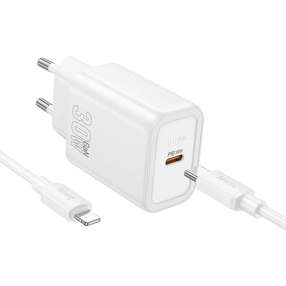 Caricabatterie da Rete con Cavo Lightning HOCO N62, 30W, 3A, 1 x USB-C, Bianco - immagine 1