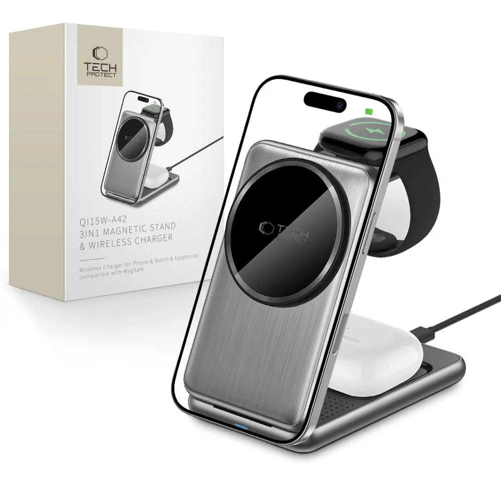 Caricabatterie Wireless Rete Tech-Protect A42 3in1, 15W, 1.67A, Grigio - immagine 1