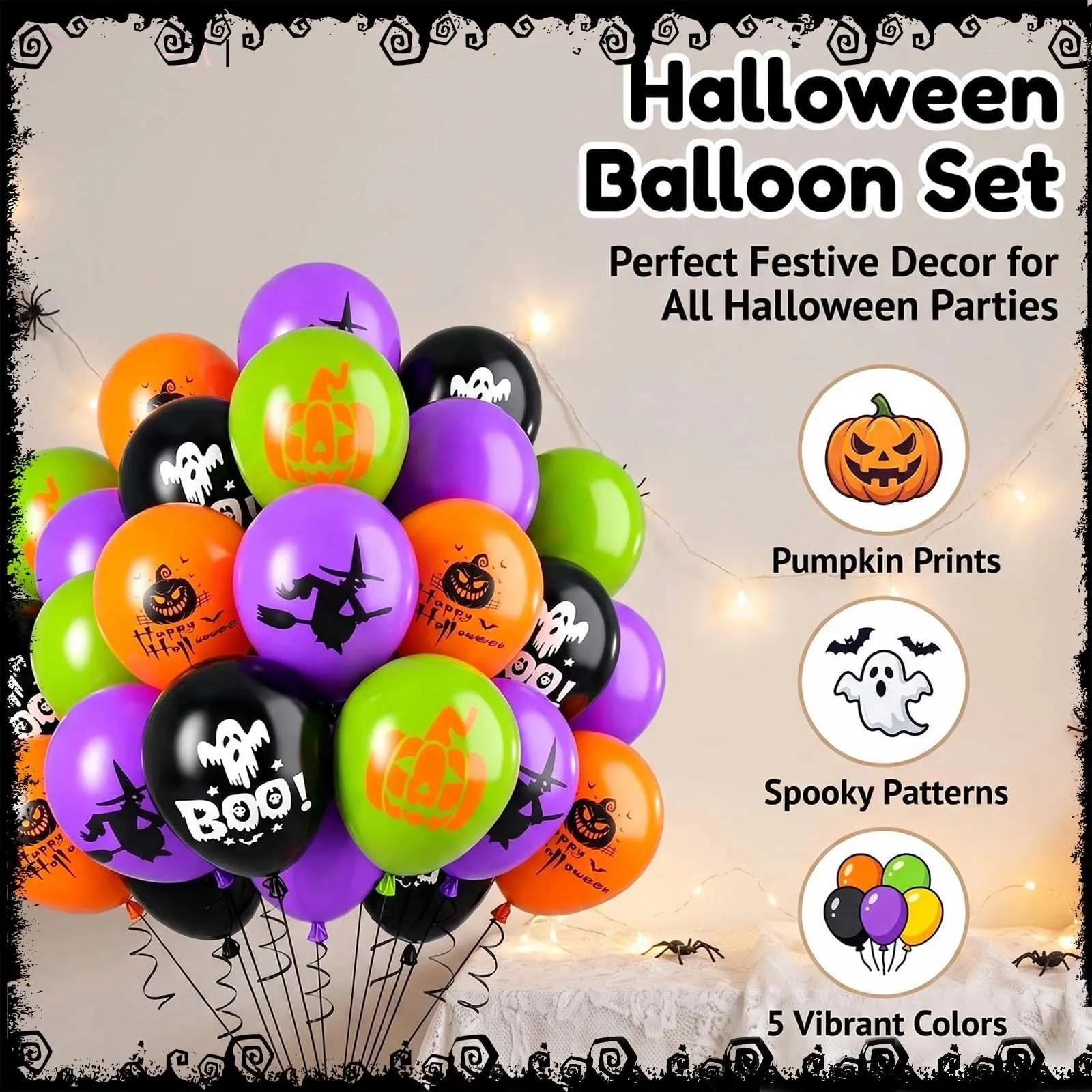 GEFIRE 50 Palloncini Halloween 4 Colori con BOO Fantasie - immagine 3
