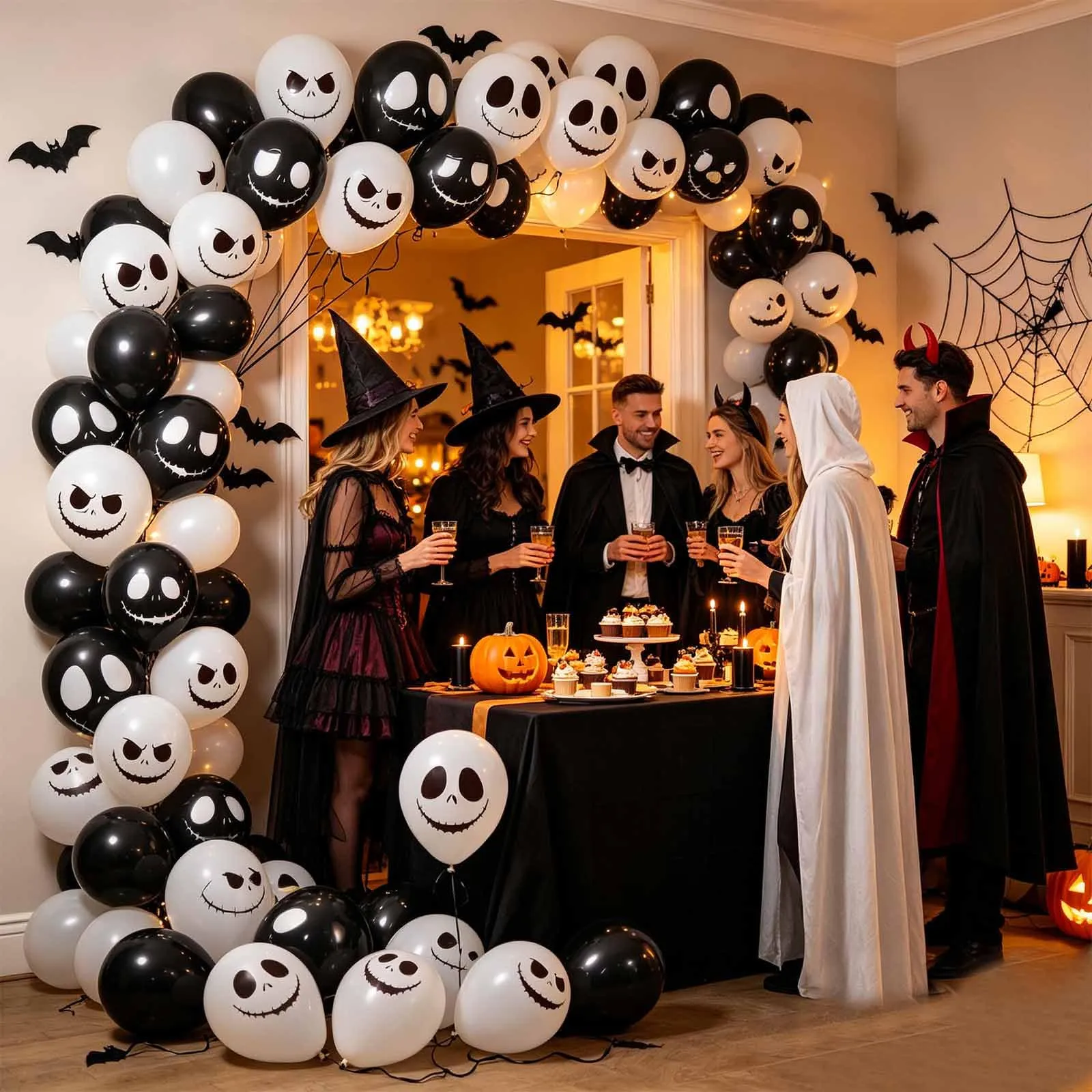 GEFIRE 50 Palloncini Teschio Halloween 3 Espressioni Bianco Nero - immagine 4