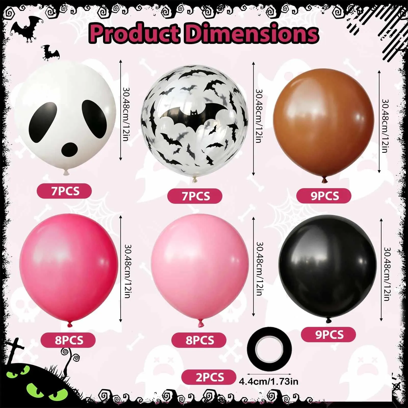 GEFIRE 50 Palloncini Halloween 5 Colori Rosa Teschio Fantasma - immagine 2