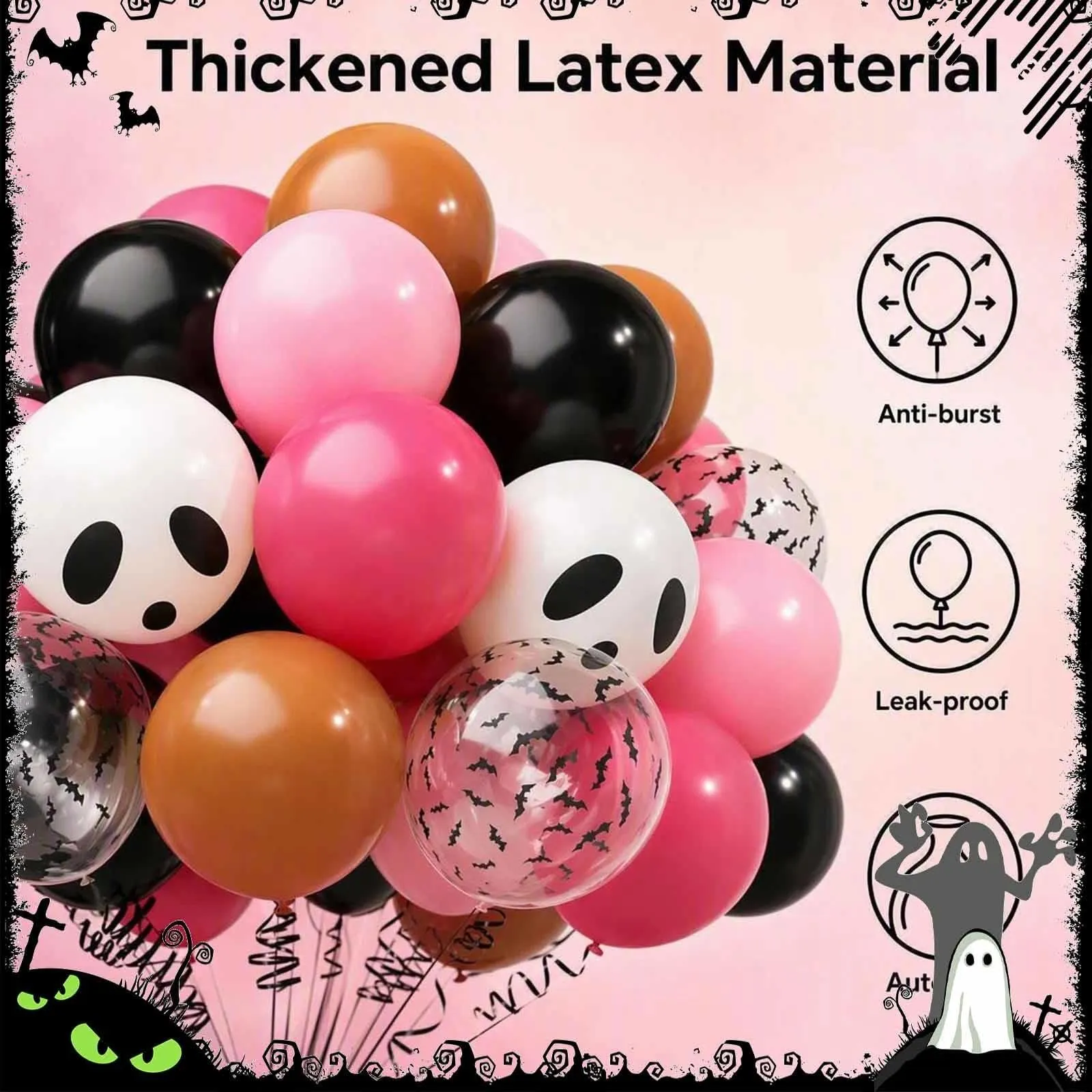 GEFIRE 50 Palloncini Halloween 5 Colori Rosa Teschio Fantasma - immagine 3