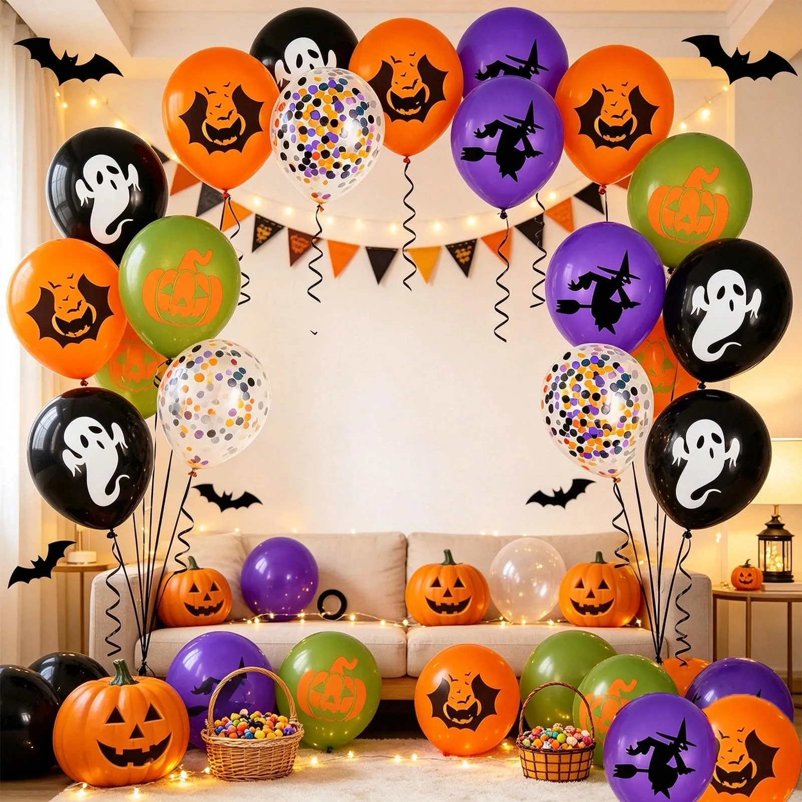 GEFIRE 50 Palloncini Halloween 5 Colori 4 Fantasie Coriandoli - immagine 5