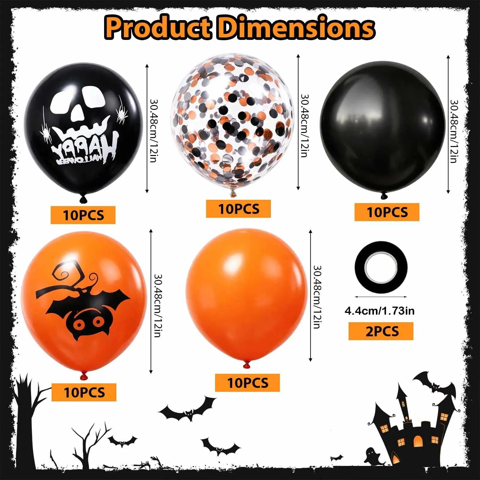 GEFIRE 50 Palloncini Halloween 3 Stili Pipistrello Teschio Coriandoli - immagine 2