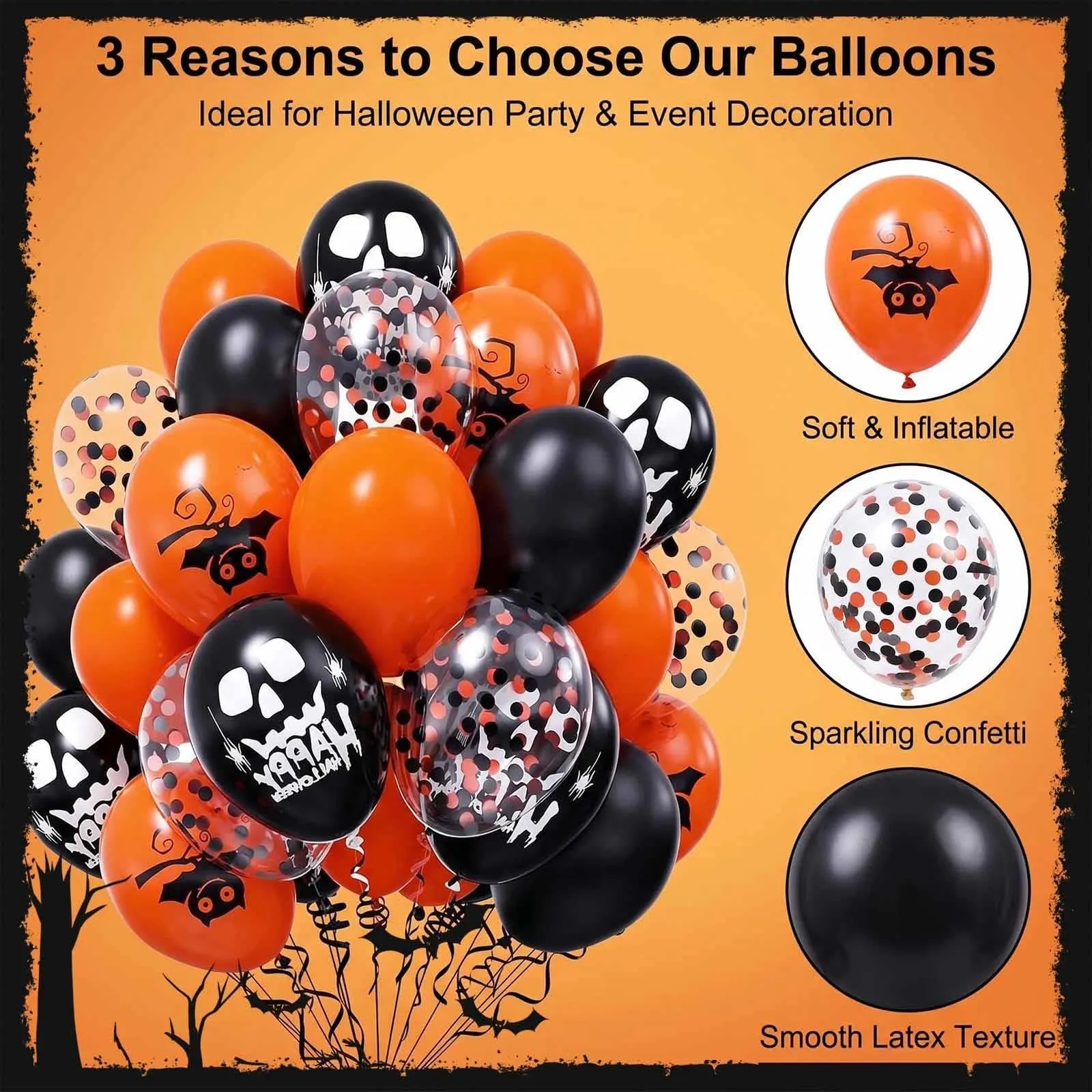 GEFIRE 50 Palloncini Halloween 3 Stili Pipistrello Teschio Coriandoli - immagine 3