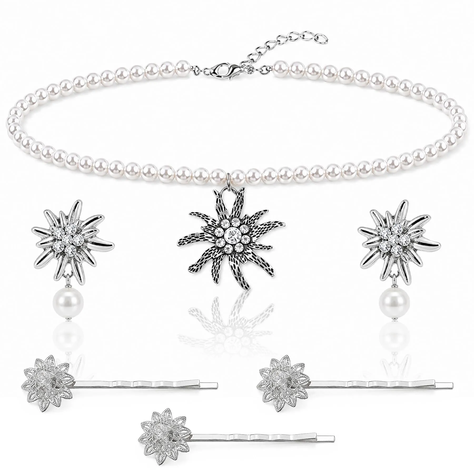 Set di gioielli per costume tradizionale bavarese, collana con ciondolo a forma di cuore a forma di stella alpina e strass, fermagli per capelli e orecchini a forma di stella alpina - immagine 1