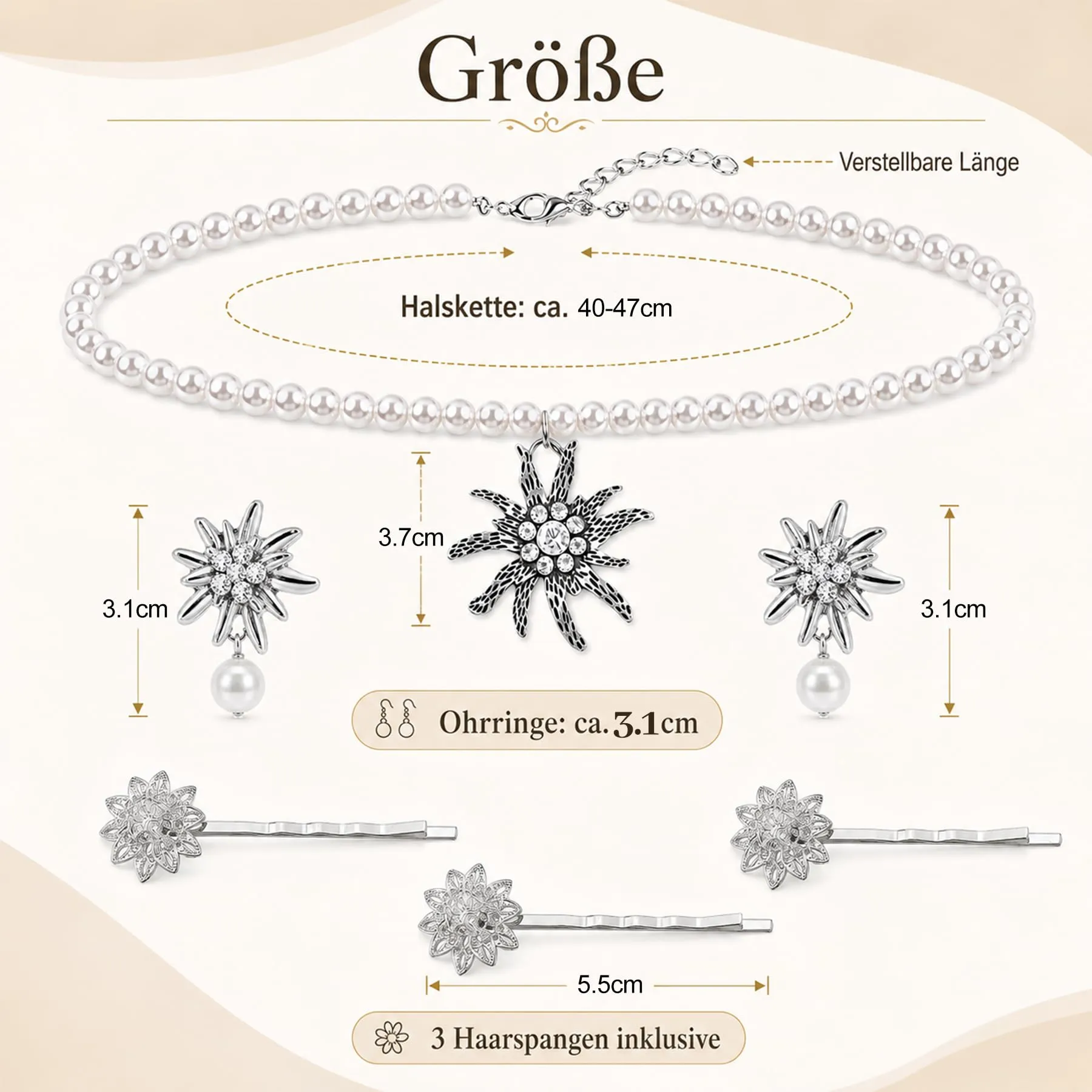 Set di gioielli per costume tradizionale bavarese, collana con ciondolo a forma di cuore a forma di stella alpina e strass, fermagli per capelli e orecchini a forma di stella alpina - immagine 2