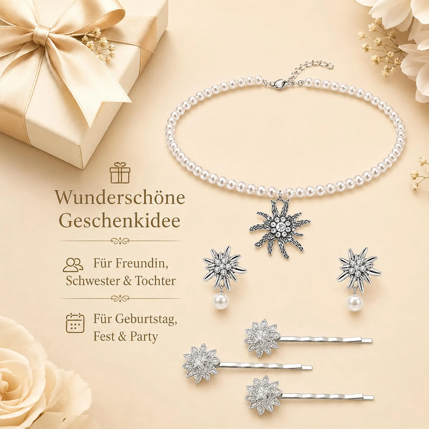Set di gioielli per costume tradizionale bavarese, collana con ciondolo a forma di cuore a forma di stella alpina e strass, fermagli per capelli e orecchini a forma di stella alpina - immagine 3