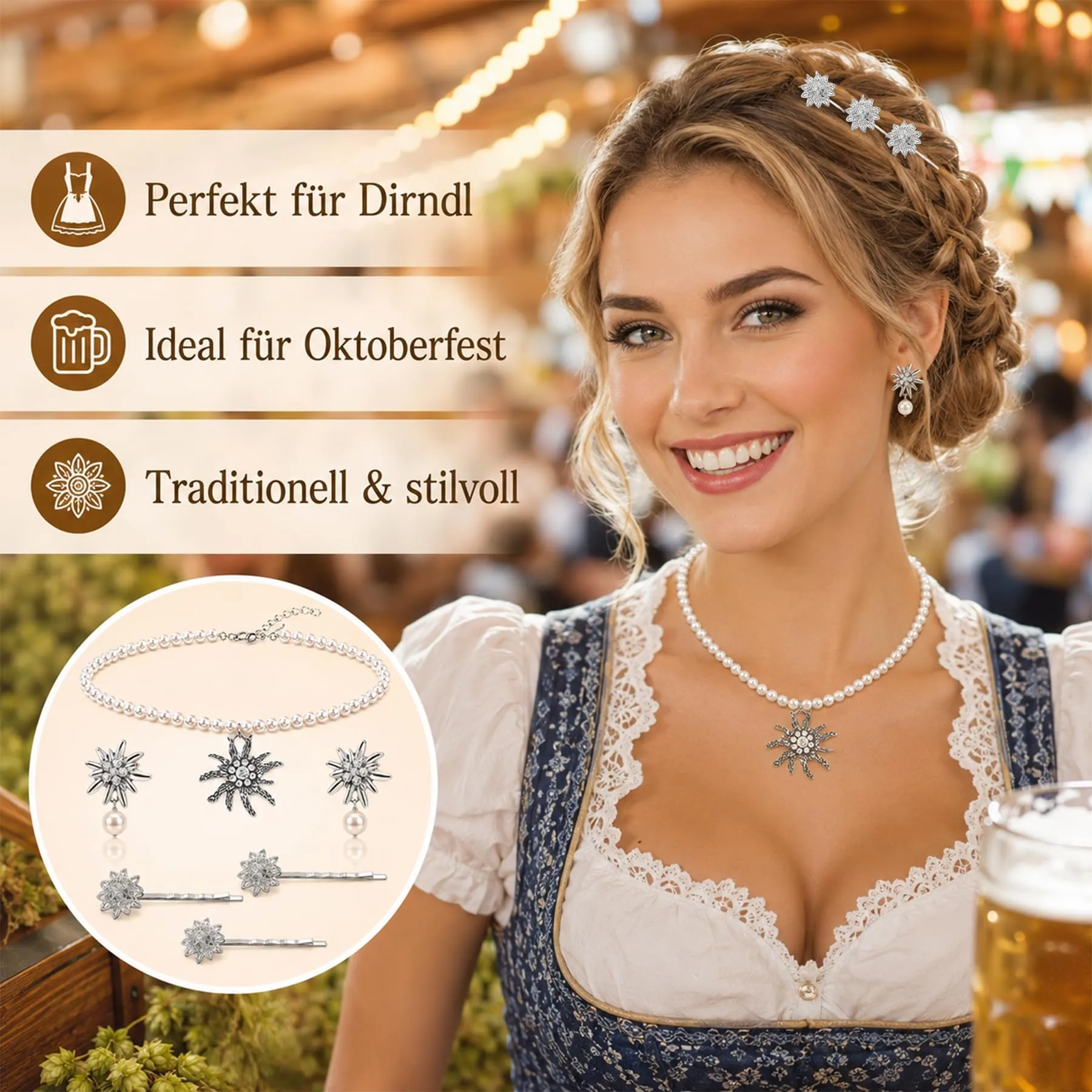 Set di gioielli per costume tradizionale bavarese, collana con ciondolo a forma di cuore a forma di stella alpina e strass, fermagli per capelli e orecchini a forma di stella alpina - immagine 4