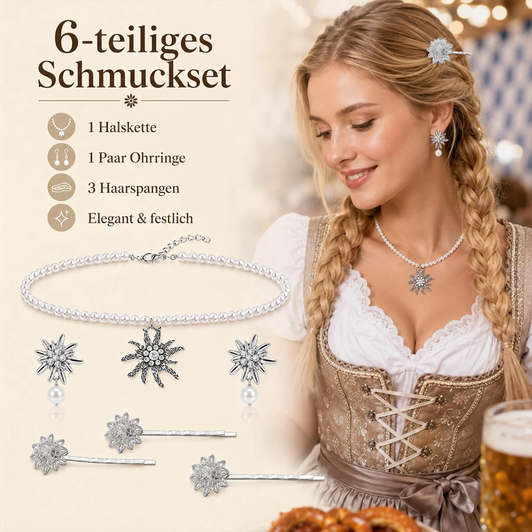 Set di gioielli per costume tradizionale bavarese, collana con ciondolo a forma di cuore a forma di stella alpina e strass, fermagli per capelli e orecchini a forma di stella alpina - immagine 5