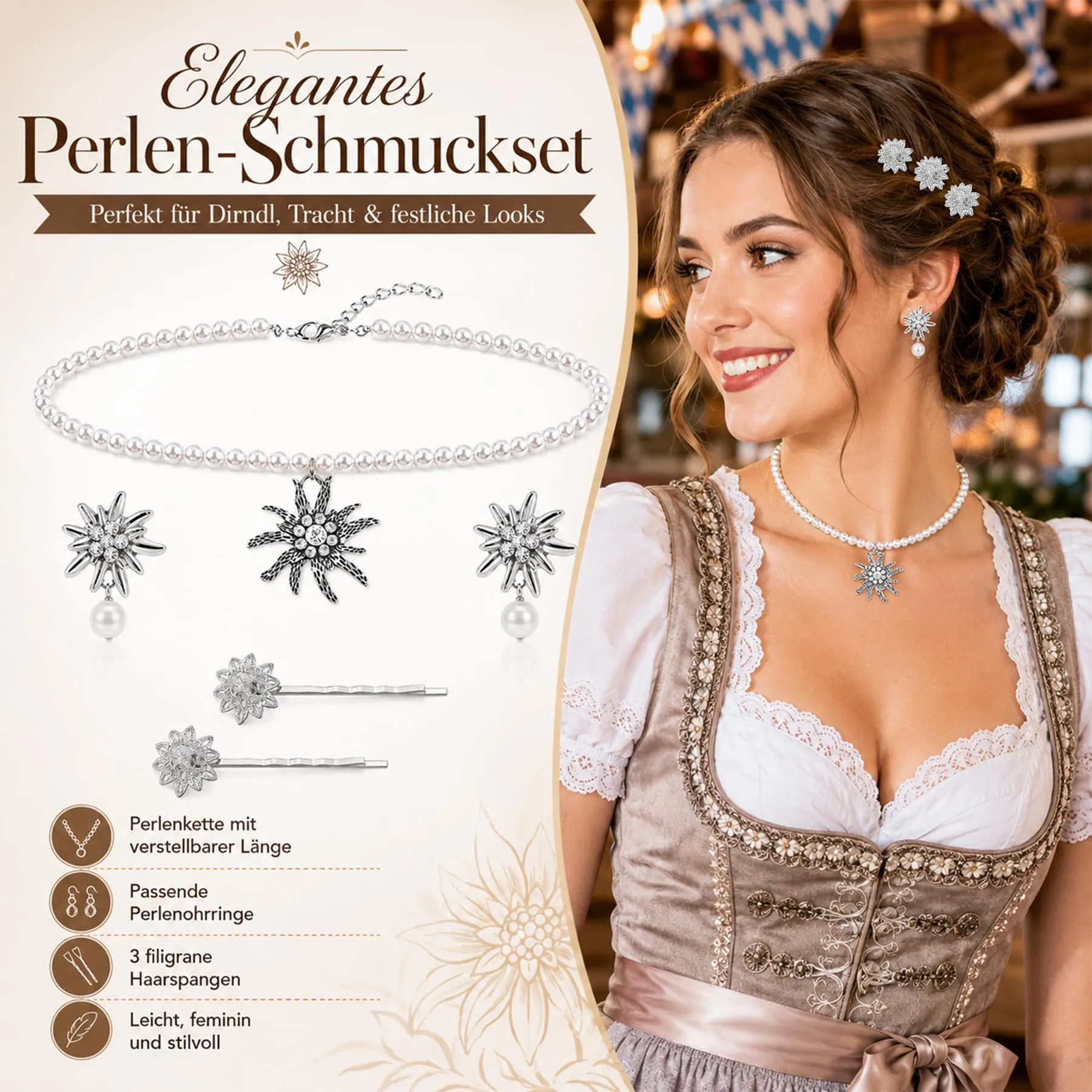 Set di gioielli per costume tradizionale bavarese, collana con ciondolo a forma di cuore a forma di stella alpina e strass, fermagli per capelli e orecchini a forma di stella alpina - immagine 6