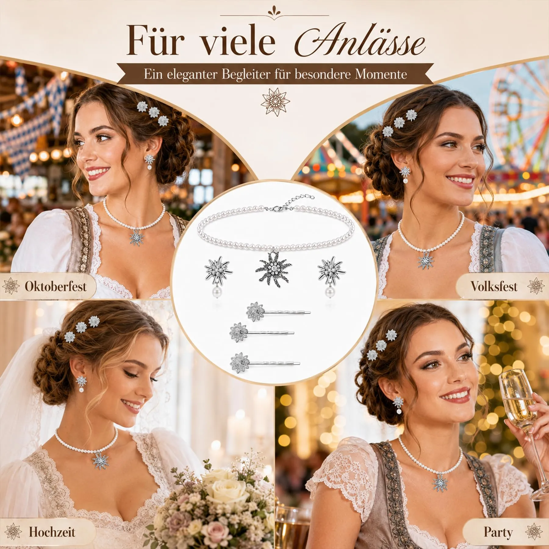 Set di gioielli per costume tradizionale bavarese, collana con ciondolo a forma di cuore a forma di stella alpina e strass, fermagli per capelli e orecchini a forma di stella alpina - immagine 7