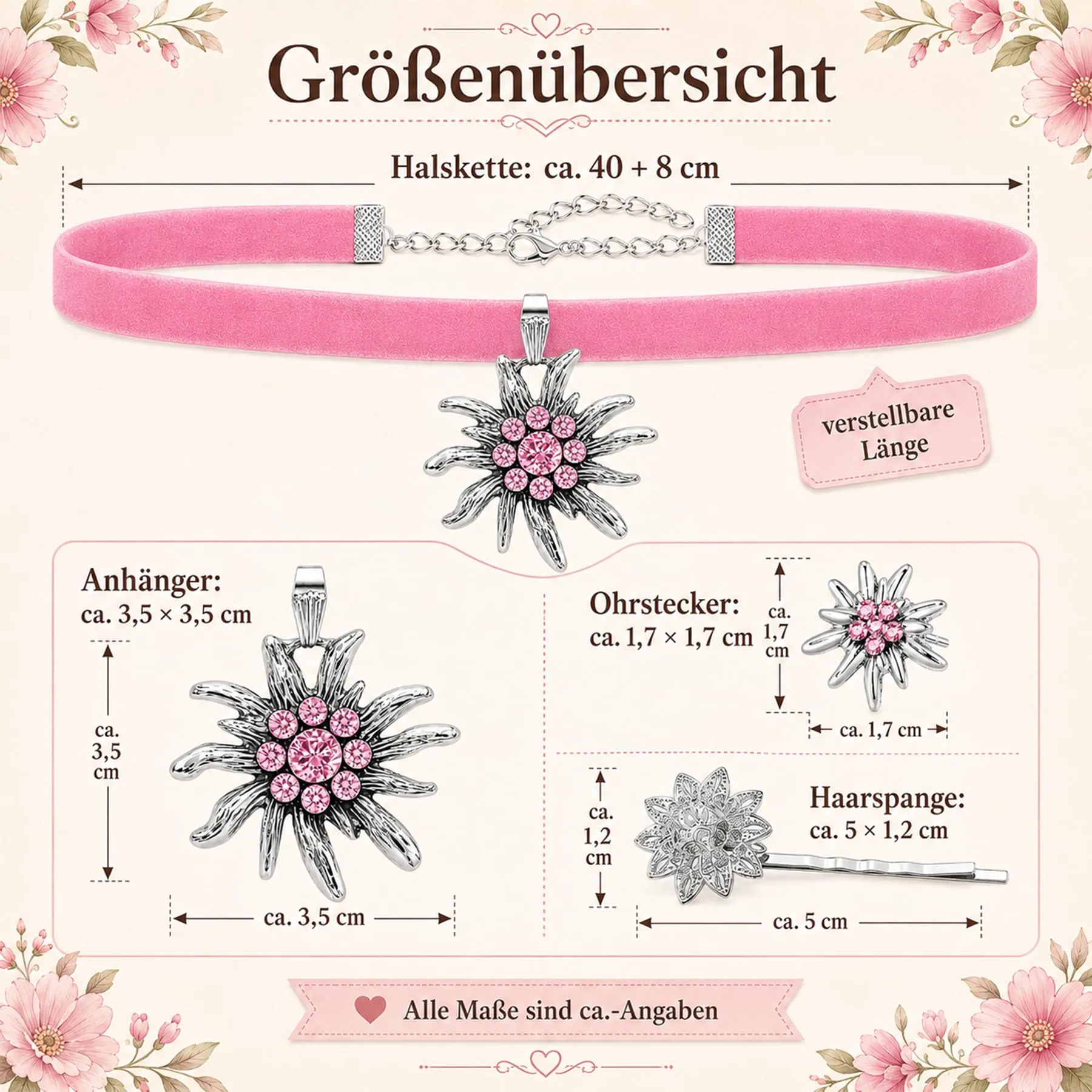 Set di gioielli per costume tradizionale bavarese, collana con ciondolo a forma di cuore a forma di stella alpina e strass, fermagli per capelli e orecchini a forma di stella alpina - immagine 2