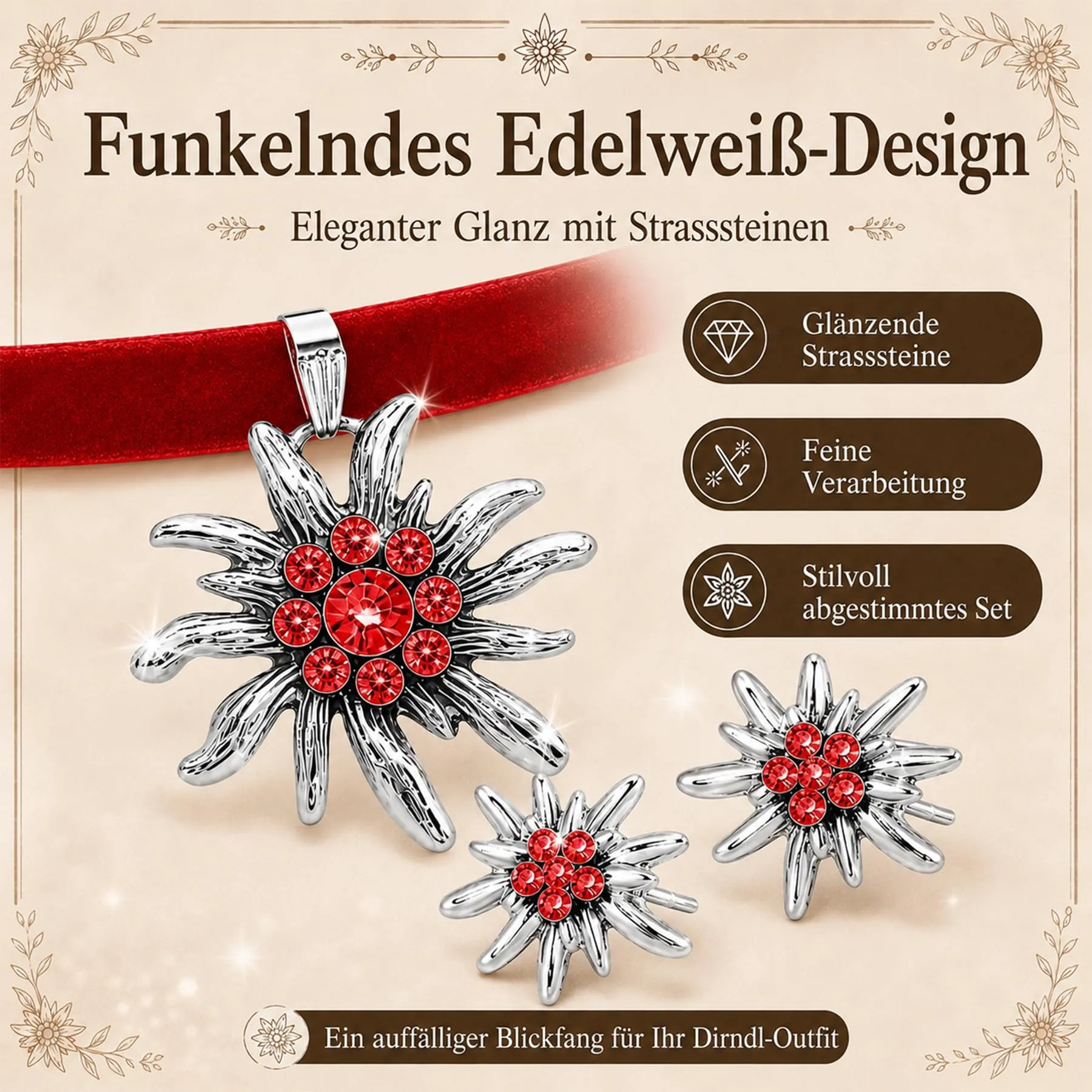 Set di gioielli per costume tradizionale bavarese, collana con ciondolo a forma di cuore a forma di stella alpina e strass, fermagli per capelli e orecchini a forma di stella alpina - immagine 3