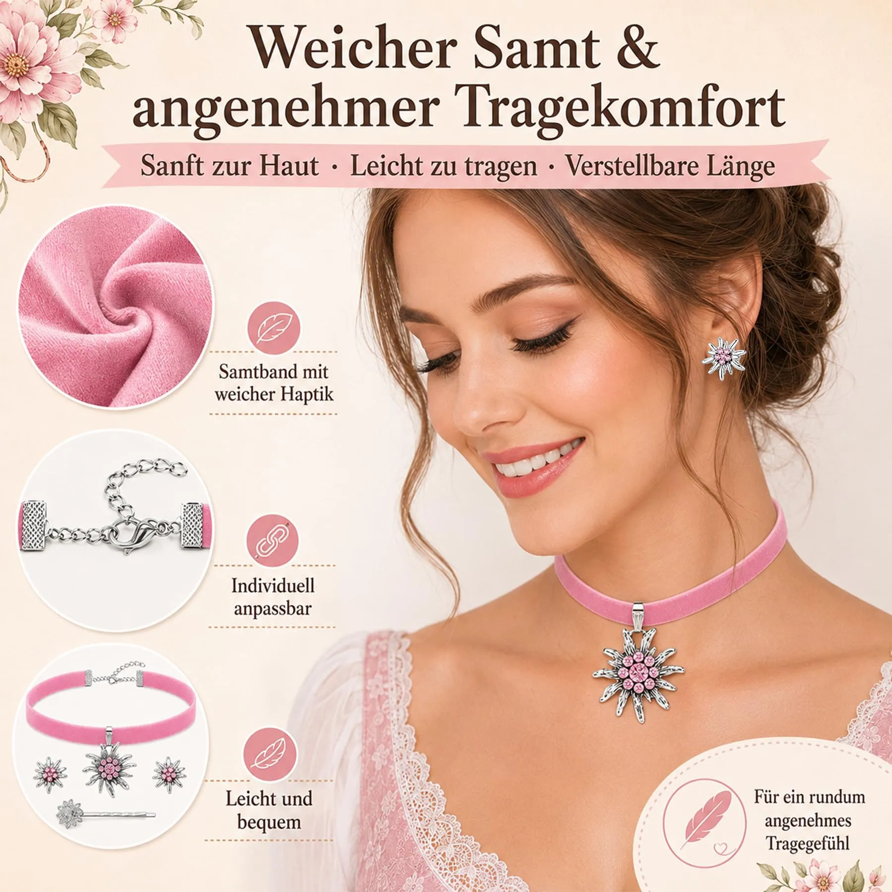 Set di gioielli per costume tradizionale bavarese, collana con ciondolo a forma di cuore a forma di stella alpina e strass, fermagli per capelli e orecchini a forma di stella alpina - immagine 5