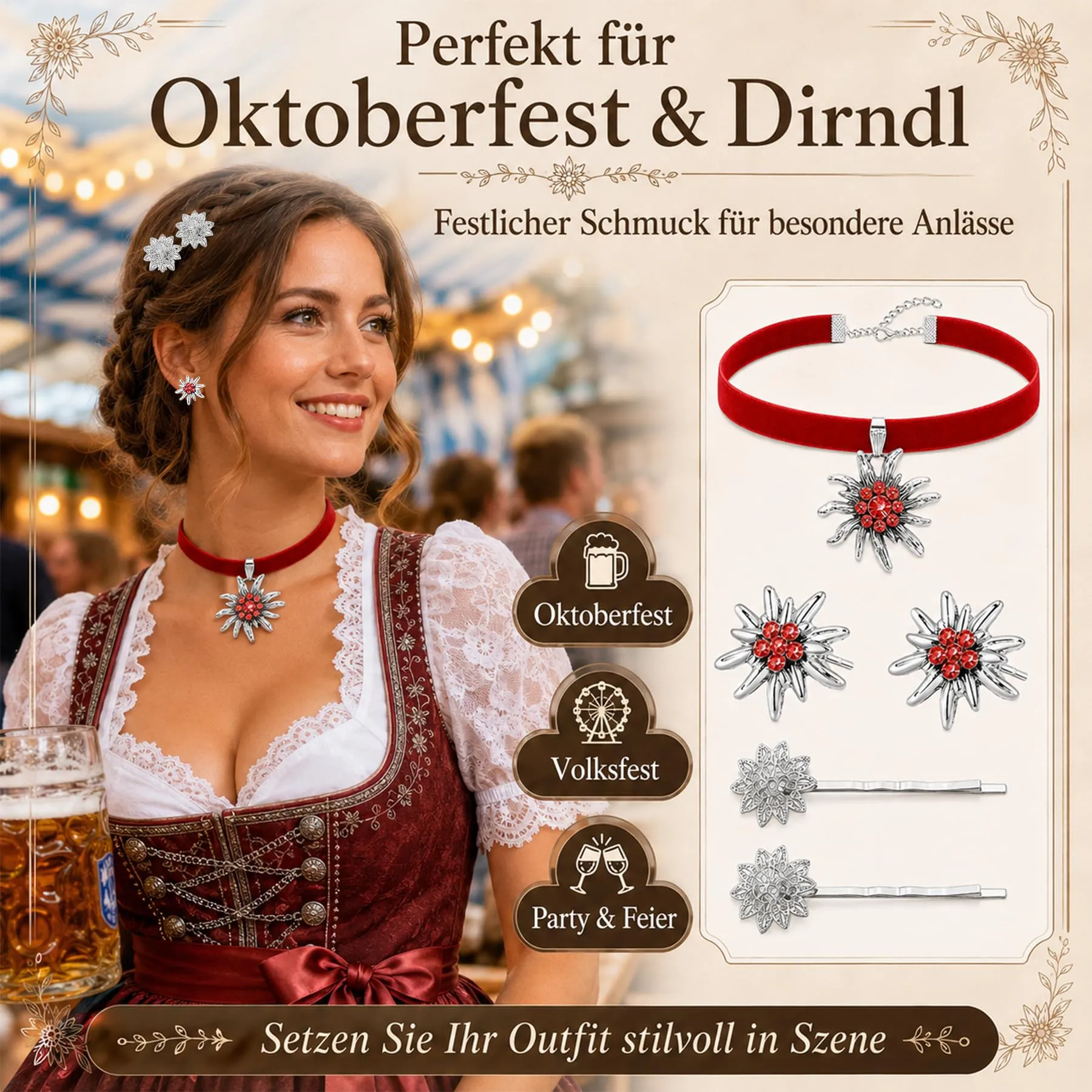 Set di gioielli per costume tradizionale bavarese, collana con ciondolo a forma di cuore a forma di stella alpina e strass, fermagli per capelli e orecchini a forma di stella alpina - immagine 6
