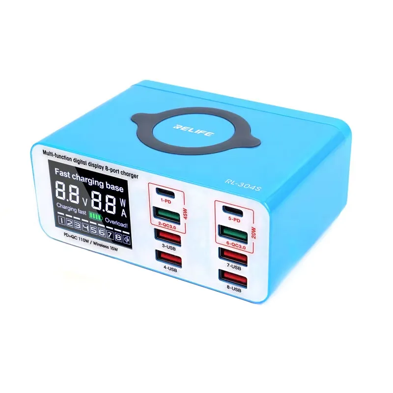 Caricabatterie Stazione Relife RL-304S QI, 110W, 3A, 2 x USB-C - 6 x USB-A, Blu - immagine 1