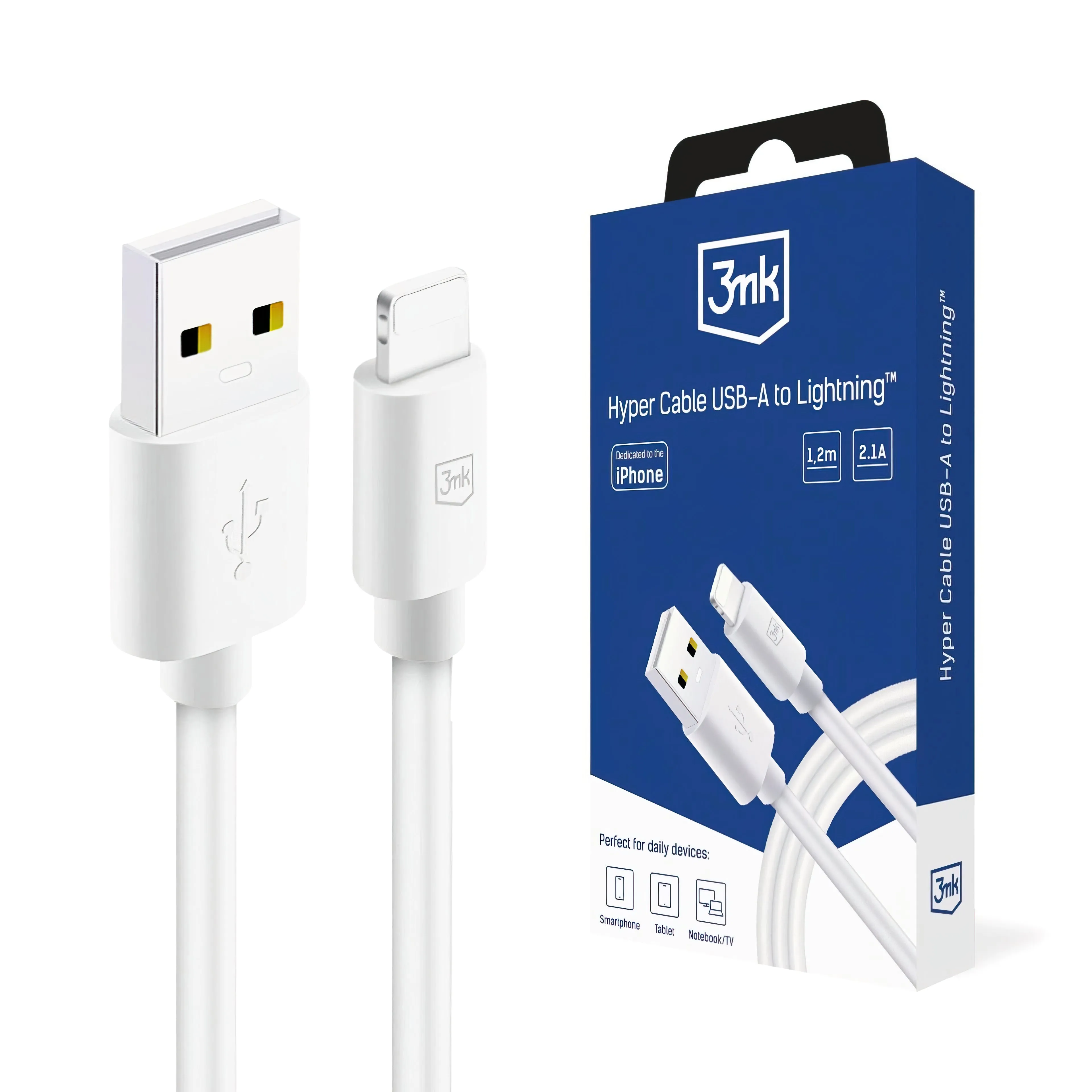 Cavo Dati e Ricarica USB-A - Lightning 3MK Hyper, 12W, 1.2m, Bianco - immagine 1