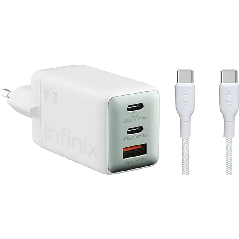 Caricabatterie da Rete con Cavo USB-C Infinix XC07868EU + XDC95, 68W, 6.2A, 1 x USB-A - 2 x USB-C, Bianco - immagine 1