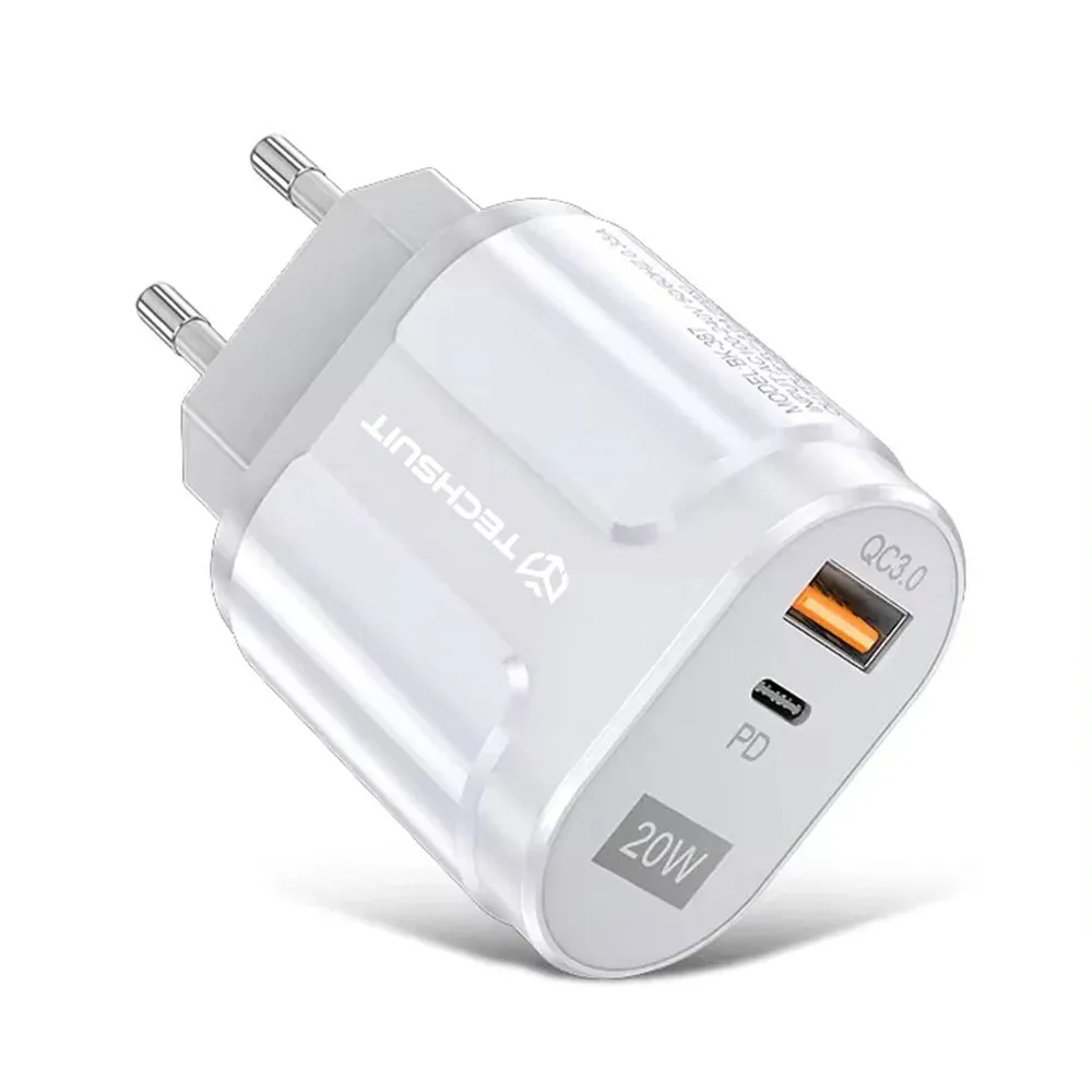 Caricabatterie Retea Techsuit Premium, 20W, 3A, 1 x USB-A - 1 x USB-C, Bianco - immagine 1