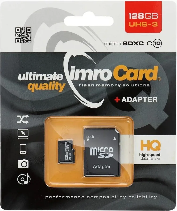 Scheda di Memoria microSDXC Imro, 128Gb, Classe 10 / UHS-1 U3, Con Adattatore - immagine 1