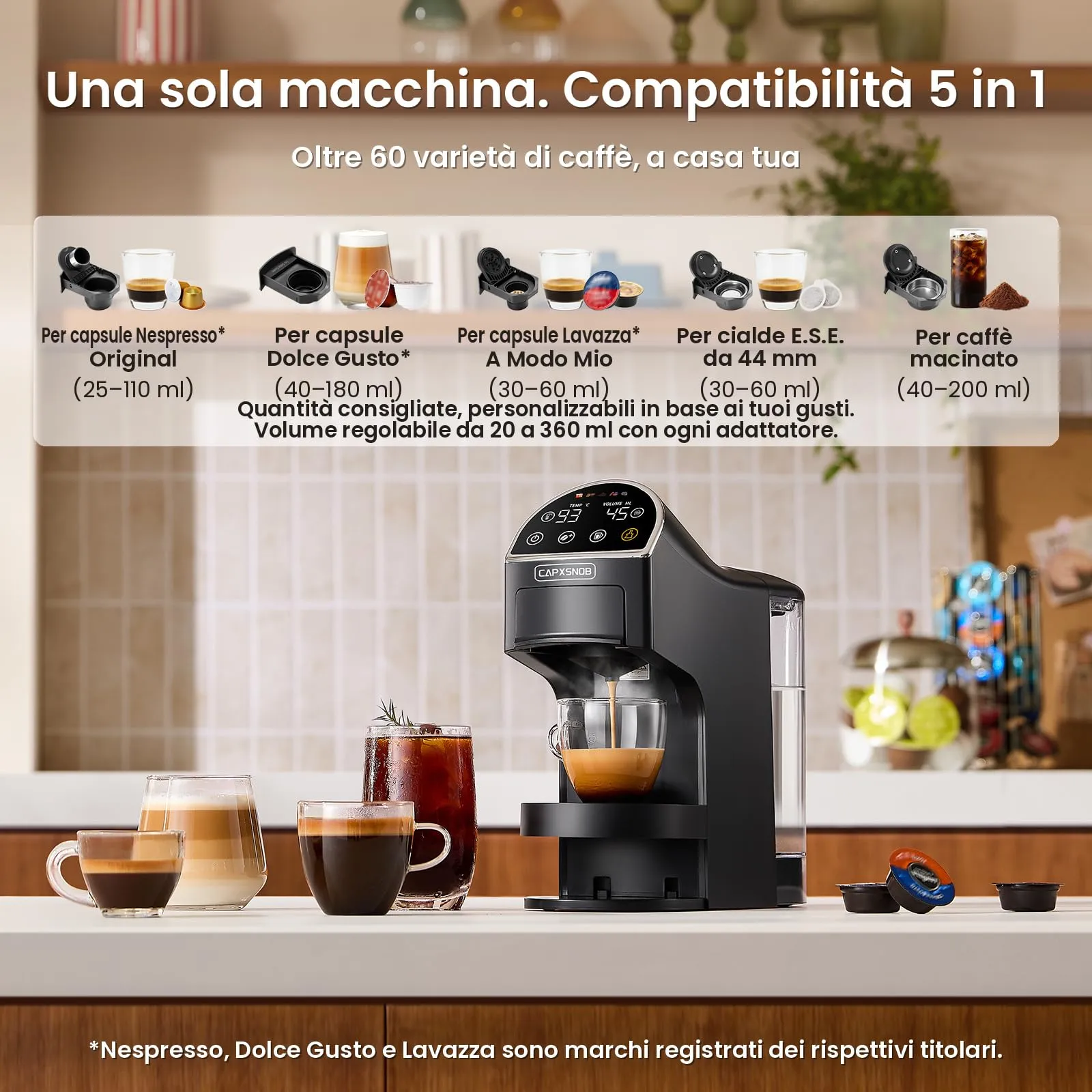 Magician2 Macchina da Caffè a Cialde e Capsule 5 in 1 per Nespresso, Dolce Gusto, Lavazza A Modo Mio, ESE 44mm e Macinato, Touch LED, Auto-Adattivo, 20 Bar, 1,2L, Macchina Espresso per Casa e Ufficio - immagine 2