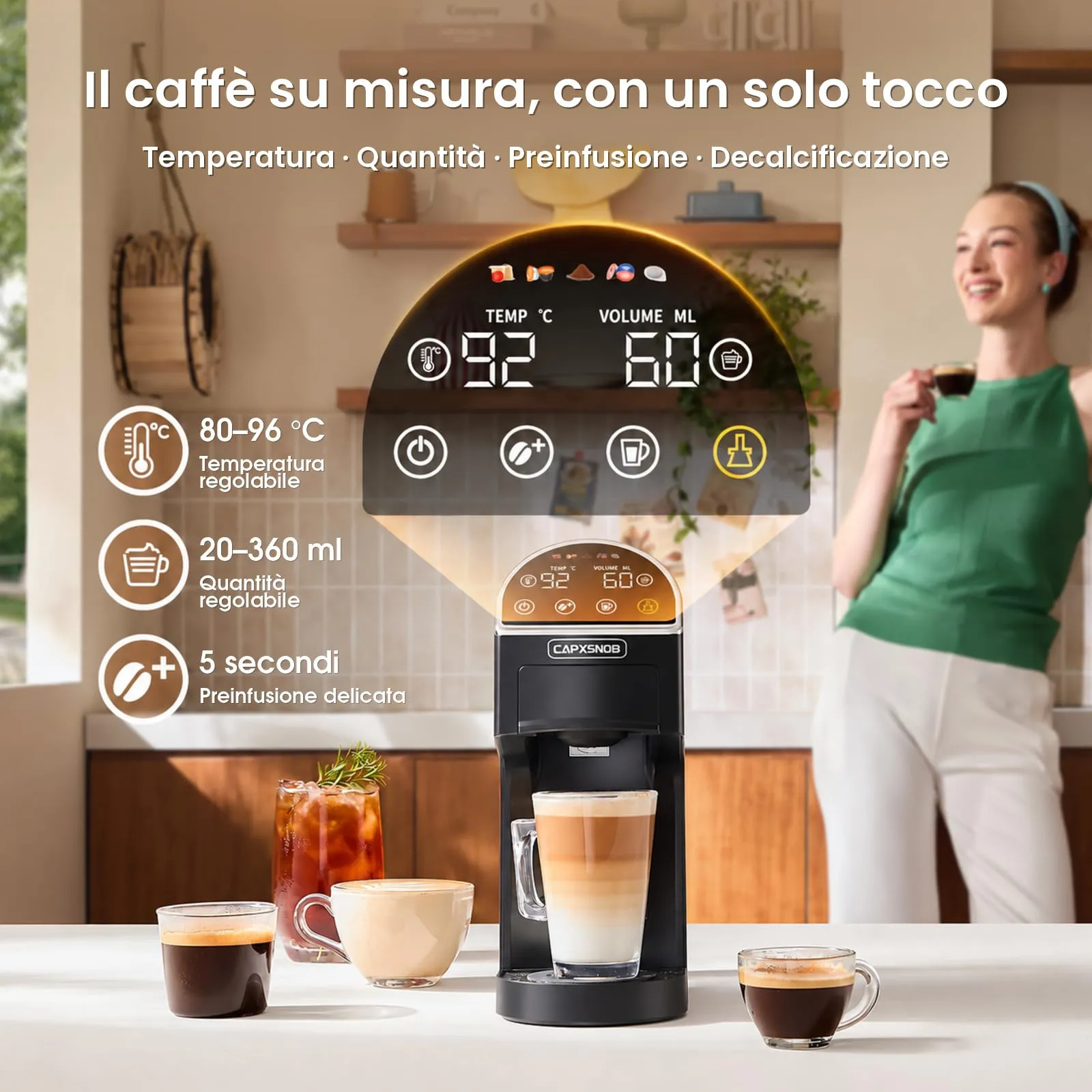 Magician2 Macchina da Caffè a Cialde e Capsule 5 in 1 per Nespresso, Dolce Gusto, Lavazza A Modo Mio, ESE 44mm e Macinato, Touch LED, Auto-Adattivo, 20 Bar, 1,2L, Macchina Espresso per Casa e Ufficio - immagine 4