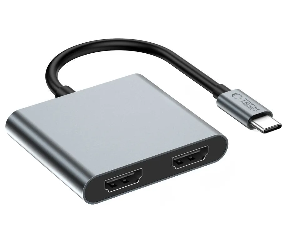Hub USB-C Tech-Protect HB08, 1 x USB-A - 1 x USB-C - 2 x HDMI, Grigio - immagine 1