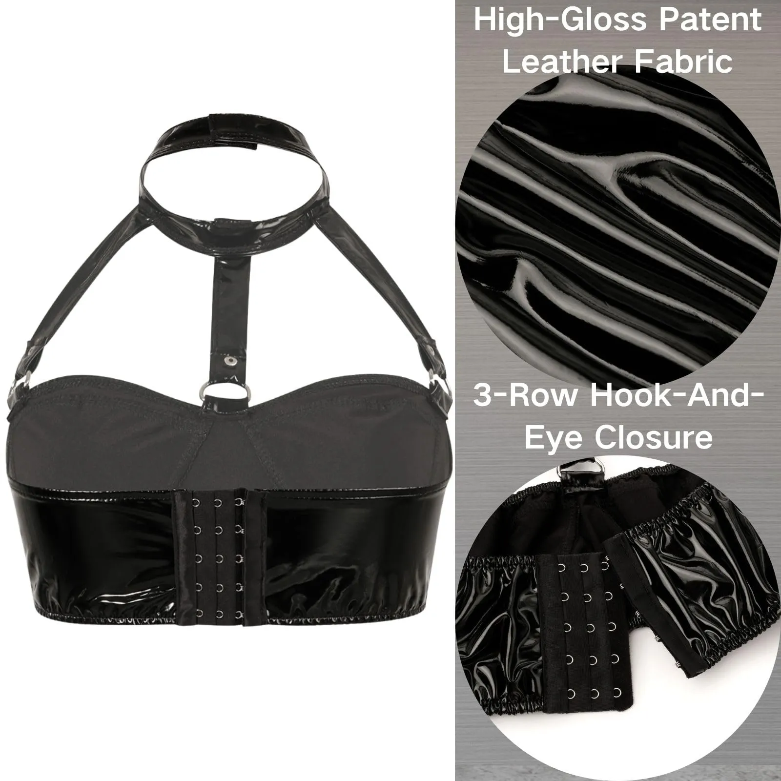 Reggiseno Donna Sexy Pelle Bralette Wetlook Halter Top Corto,Nero,S - immagine 3