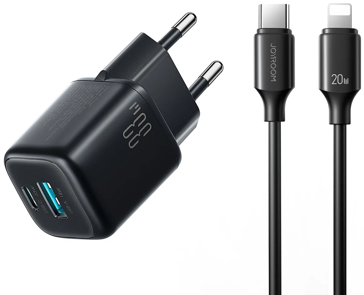 Caricabatterie Retea Con Cavo Lightning Joyroom JR-TG7, 33W, 3A, 1 x USB-A - 1 x USB-C, Nero - immagine 1