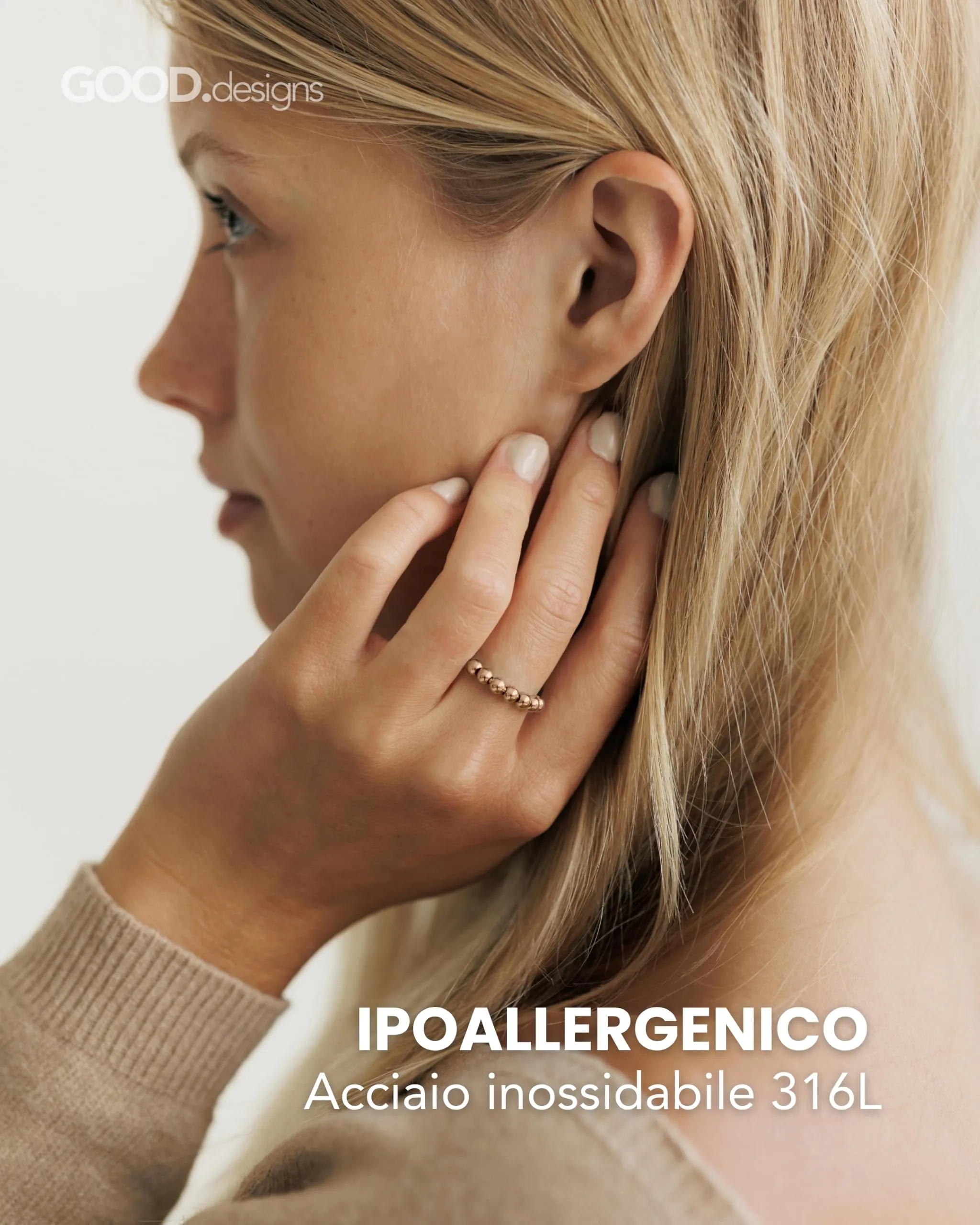 GD GOOD.designs Anello Antistress oro rosa con perline mobili - Anelli antistress impermeabili in oro rosa 18K | Misura regolabile (52-60) - immagine 2