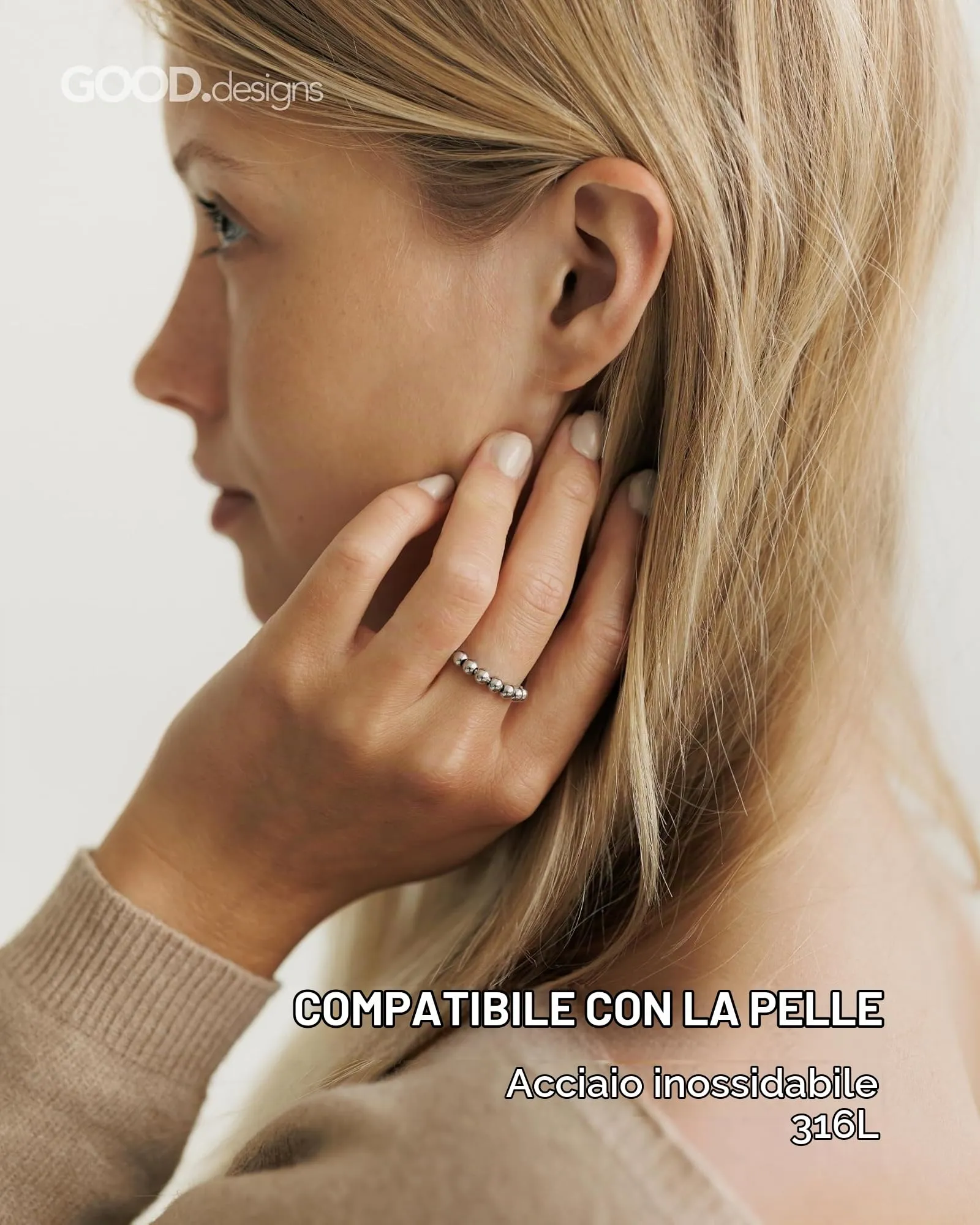 GD GOOD.designs Anello Antistress argentato con perline mobili - Anelli antistress impermeabili in argento | Misura regolabile (52-60) - immagine 2