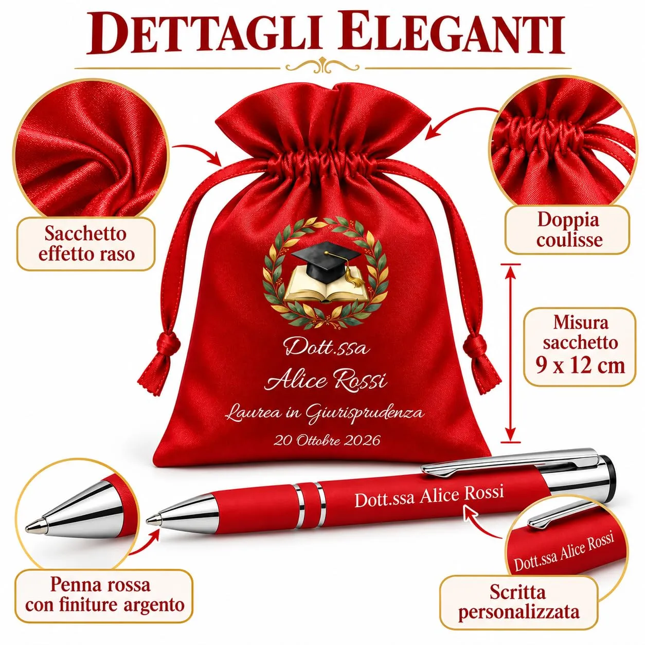 Cormar Kit Bomboniere Laurea Personalizzate, Rosso, 12 Sacchetti in Raso con 12 Penne Personalizzate, Nome, Facoltà e Data (STILE 7) - immagine 2