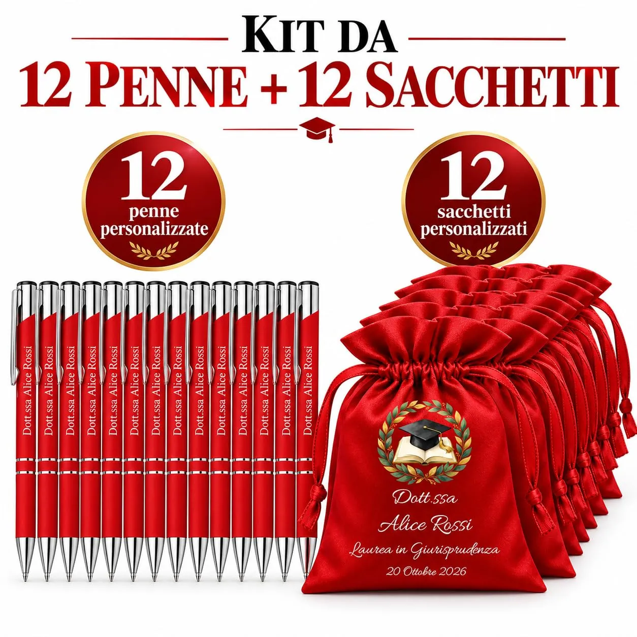Cormar Kit Bomboniere Laurea Personalizzate, Rosso, 12 Sacchetti in Raso con 12 Penne Personalizzate, Nome, Facoltà e Data (STILE 7) - immagine 3