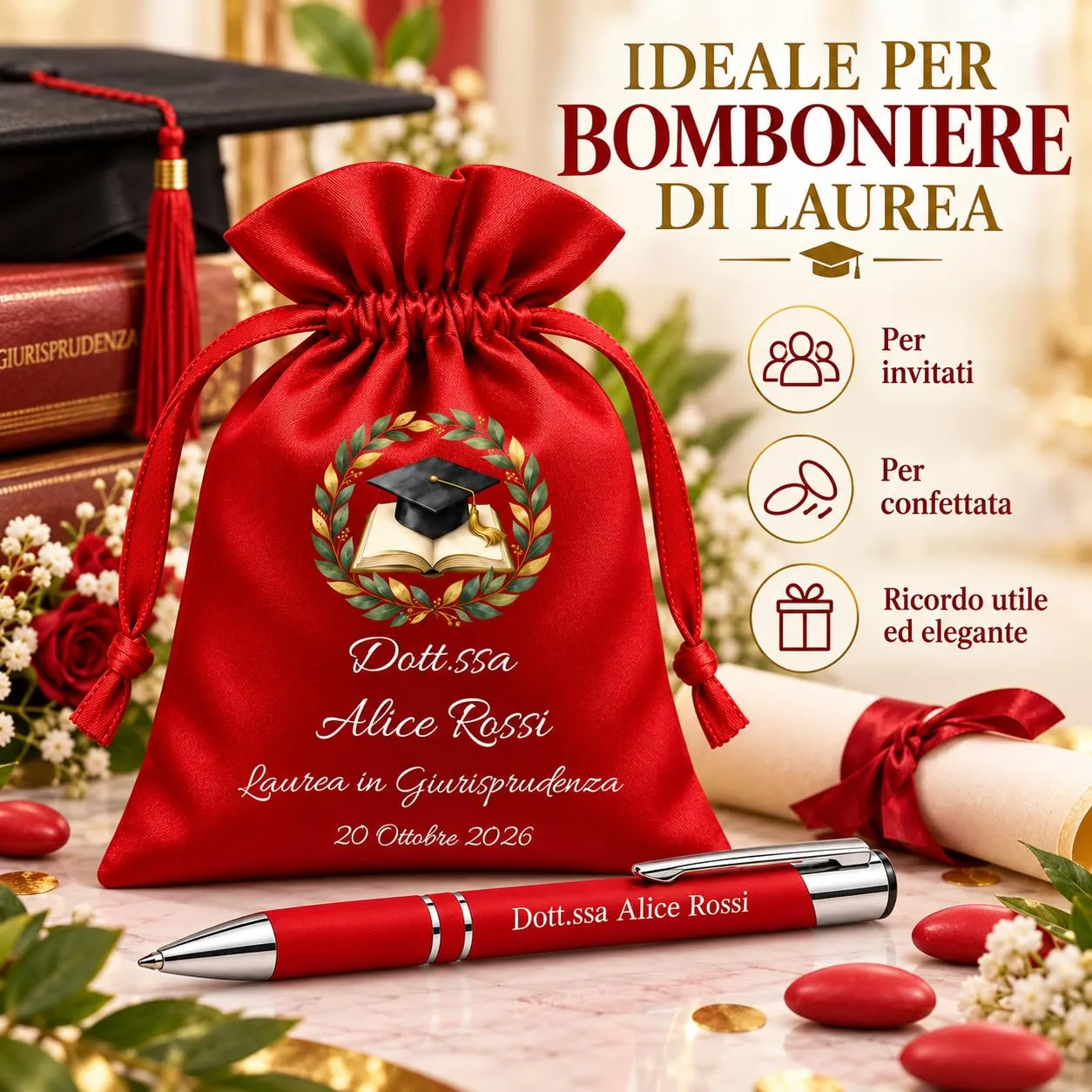 Cormar Kit Bomboniere Laurea Personalizzate, Rosso, 12 Sacchetti in Raso con 12 Penne Personalizzate, Nome, Facoltà e Data (STILE 7) - immagine 4